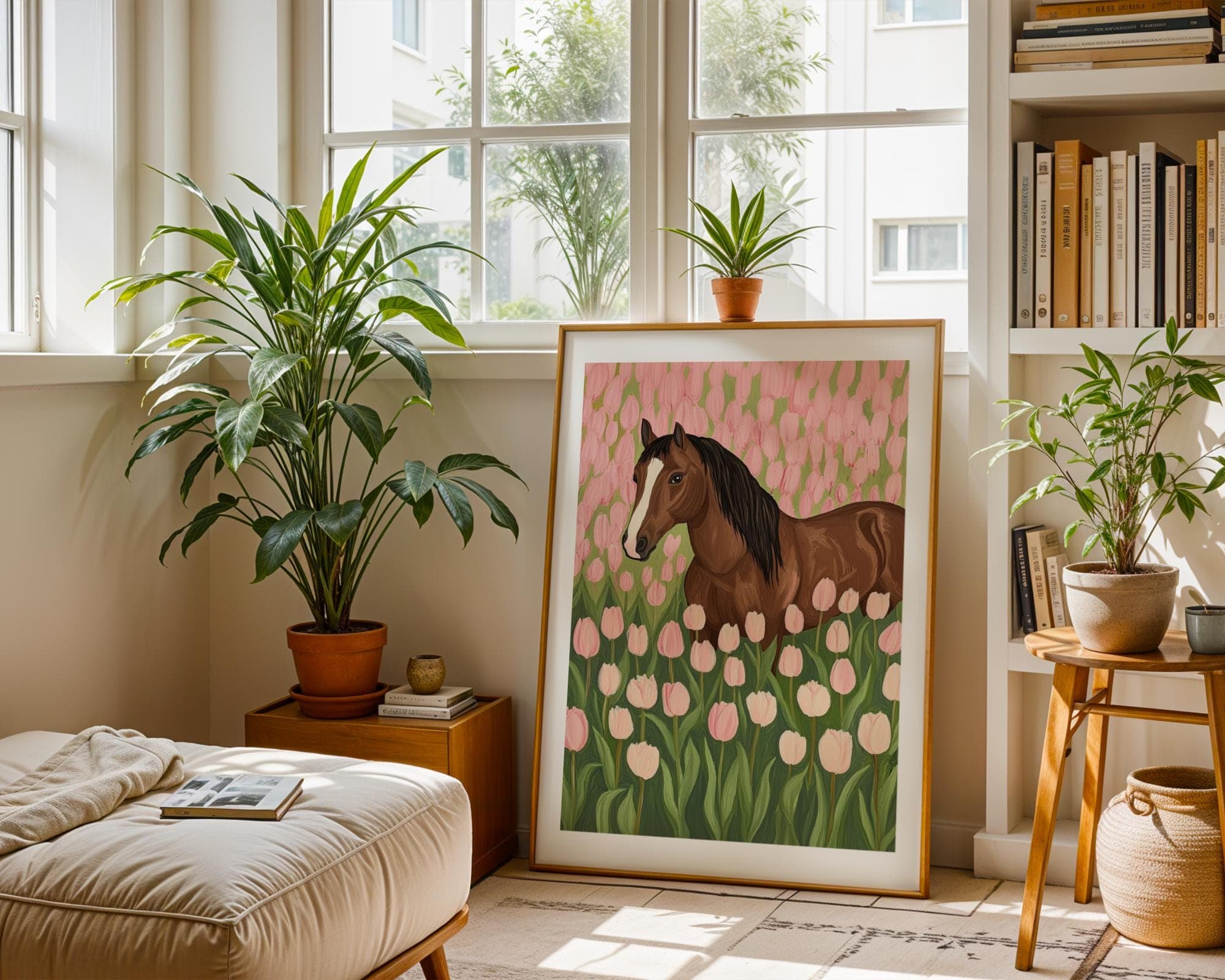 Floral Horse Art Print, Horse in Pink Tulip Field Poster, Farmhouse Horse and Floral Art, Pink Tulip Wall Decor, Pink Wall Art,Horse Digital - view 3