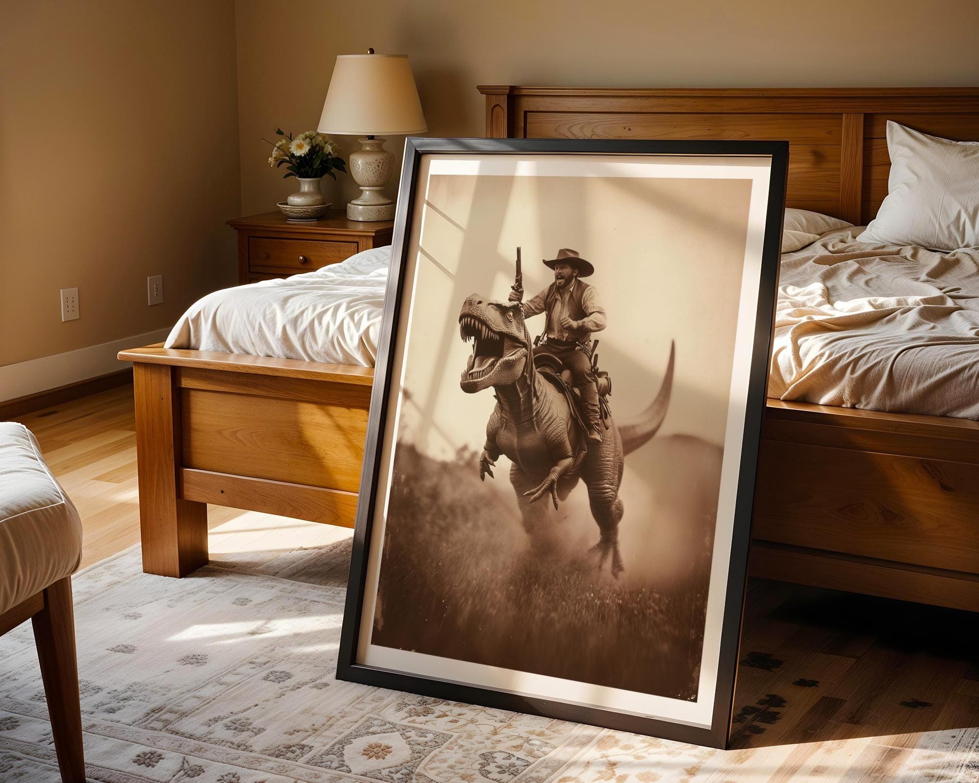 Cowboy Riding Dinosaur Wall Art Print, Western Style Print, Prehistoric Dinosaur Poster, Wild West Dinosaur Cowboy Print, Sepia Poster - view 4