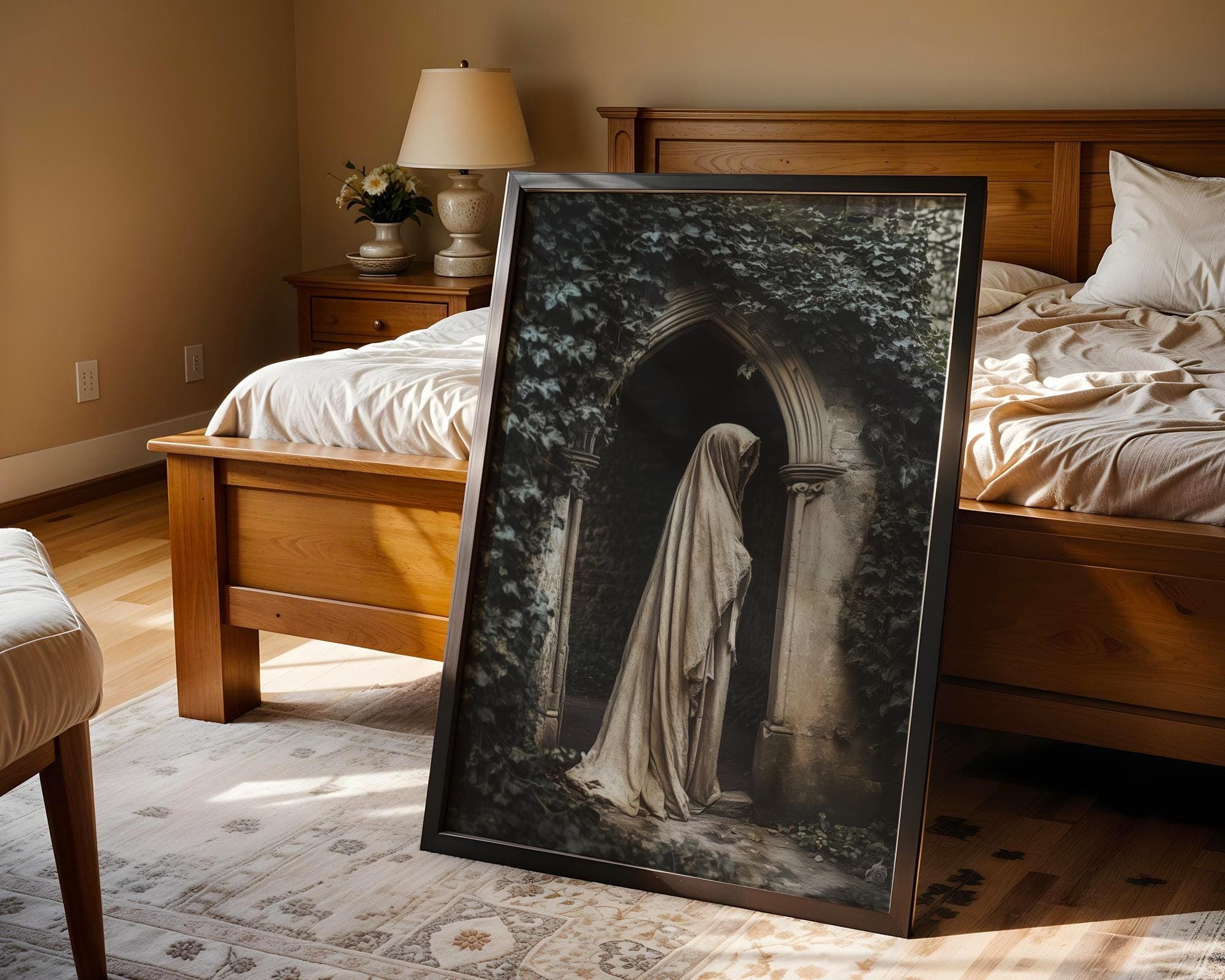 Veiled Woman under Ivy Canvas β Moody Gothic Portrait for Bedroom Decor, Dark Academia Wall Print, Vintage Veiled Woman Poster, Digital Art - view 3