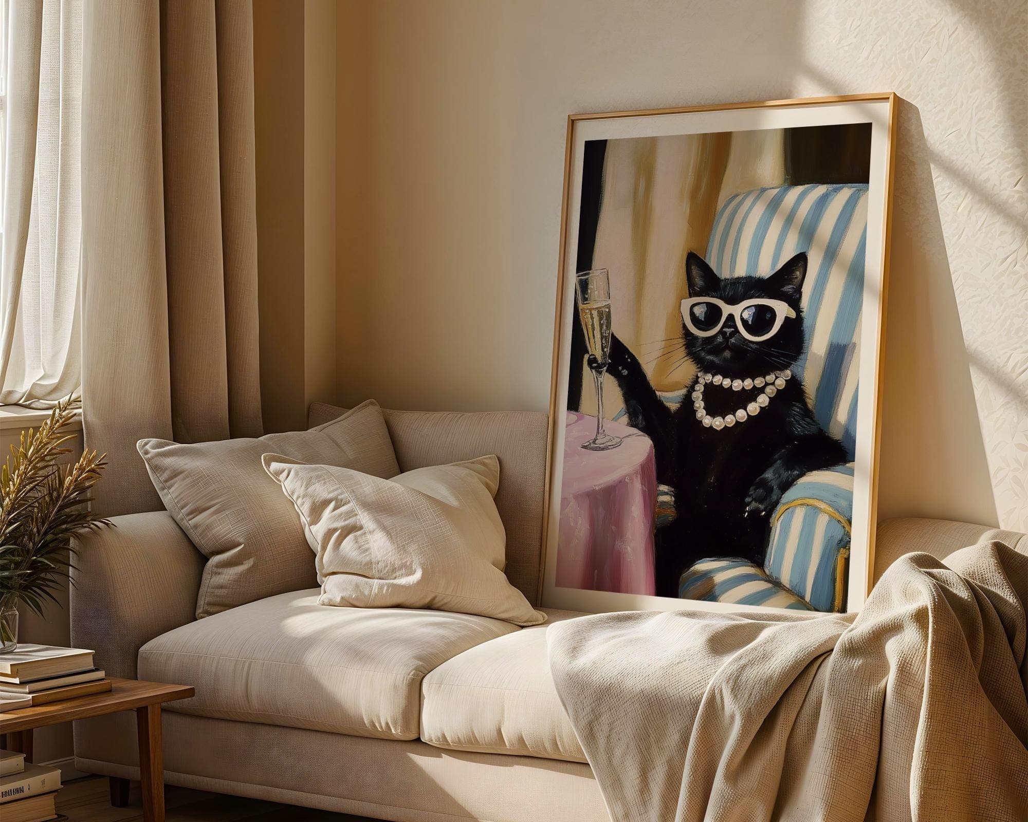 Chic Black Cat Art - Glamorous Feline Wall Print, Quirky Cat Poster, Digital Download, Funny Black Cat Print - Sassy Cat Drinking Champagne - view 5