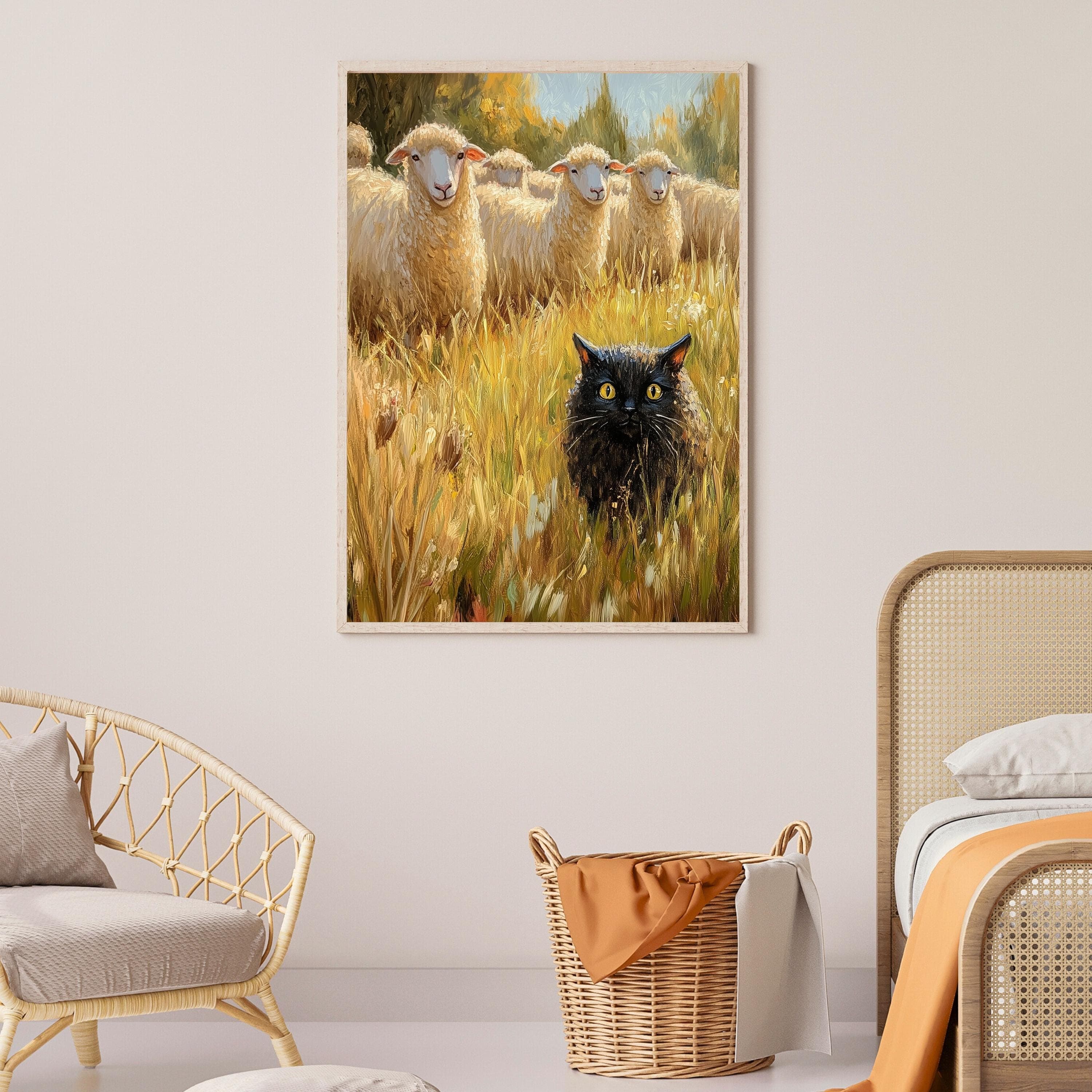 Funny Black Cat with Sheep – Whimsical Farm Wall Art, Rustic Farmhouse Art, Funny Wall Decor, Funny Black Cat Wall Poster, Quirky Black Cat - view 6