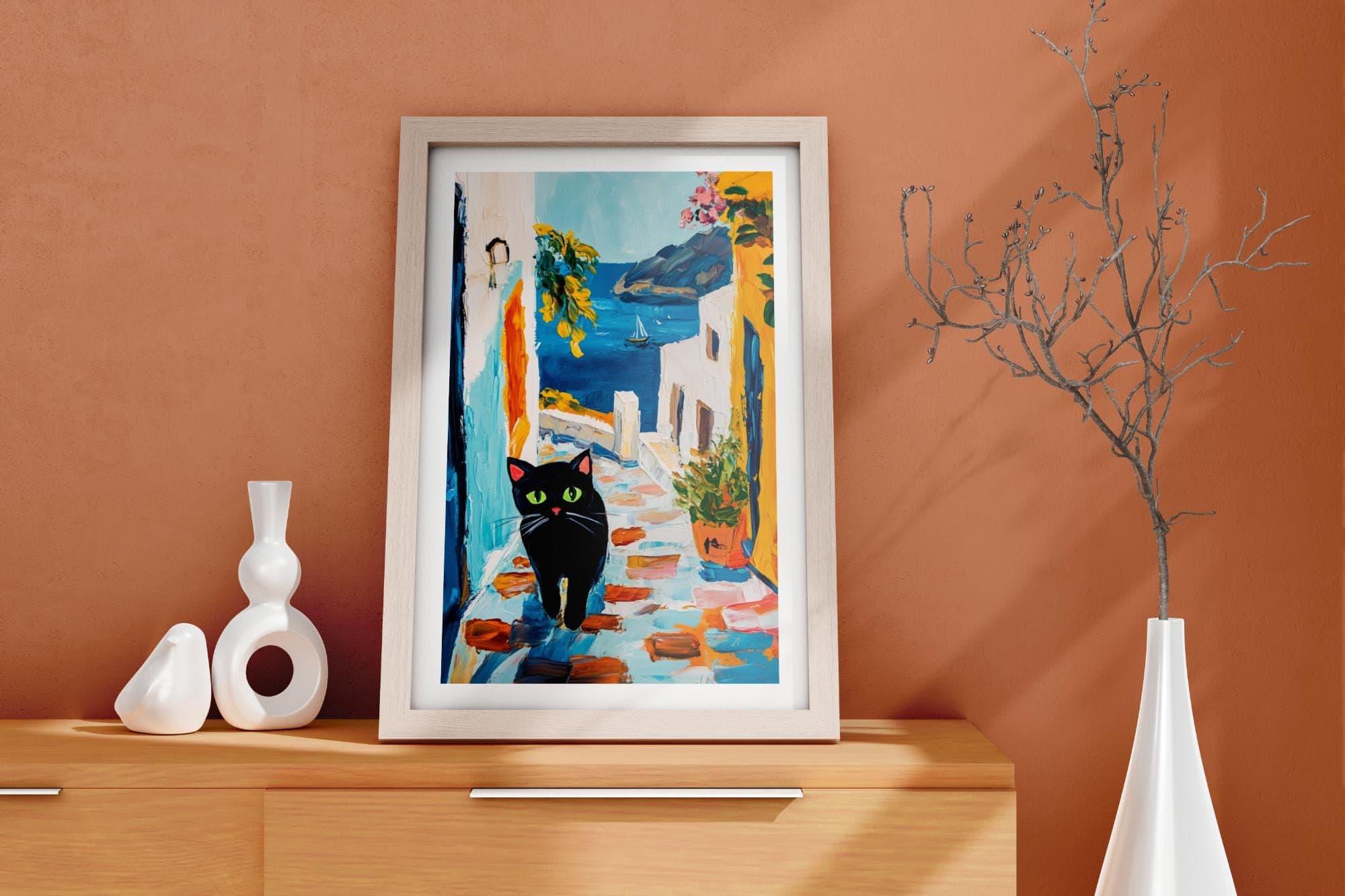 Santorini Cat Art Print, Greek Island Illustration, Travel Art, Greek Islands Wall Art, Cat Wall Art, Colorful Vibrant Housewarming Gift - view 7