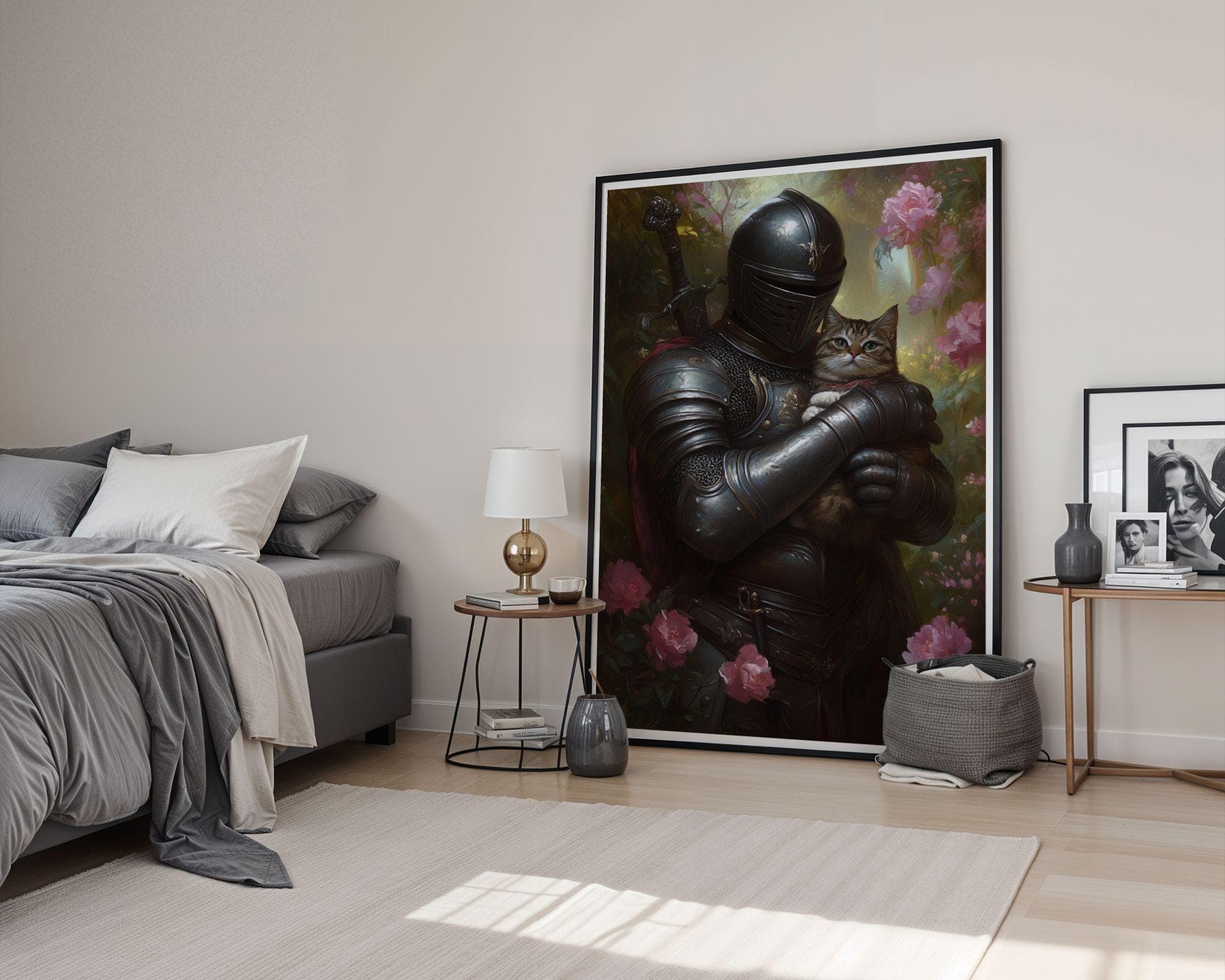 Medieval Knight and Tabby Cat Painting, Medieval Fantasy Painting, Fantasy Art, Whimsical Cat Decor, Digital, Maximalist, Floral Cat Decor - view 6