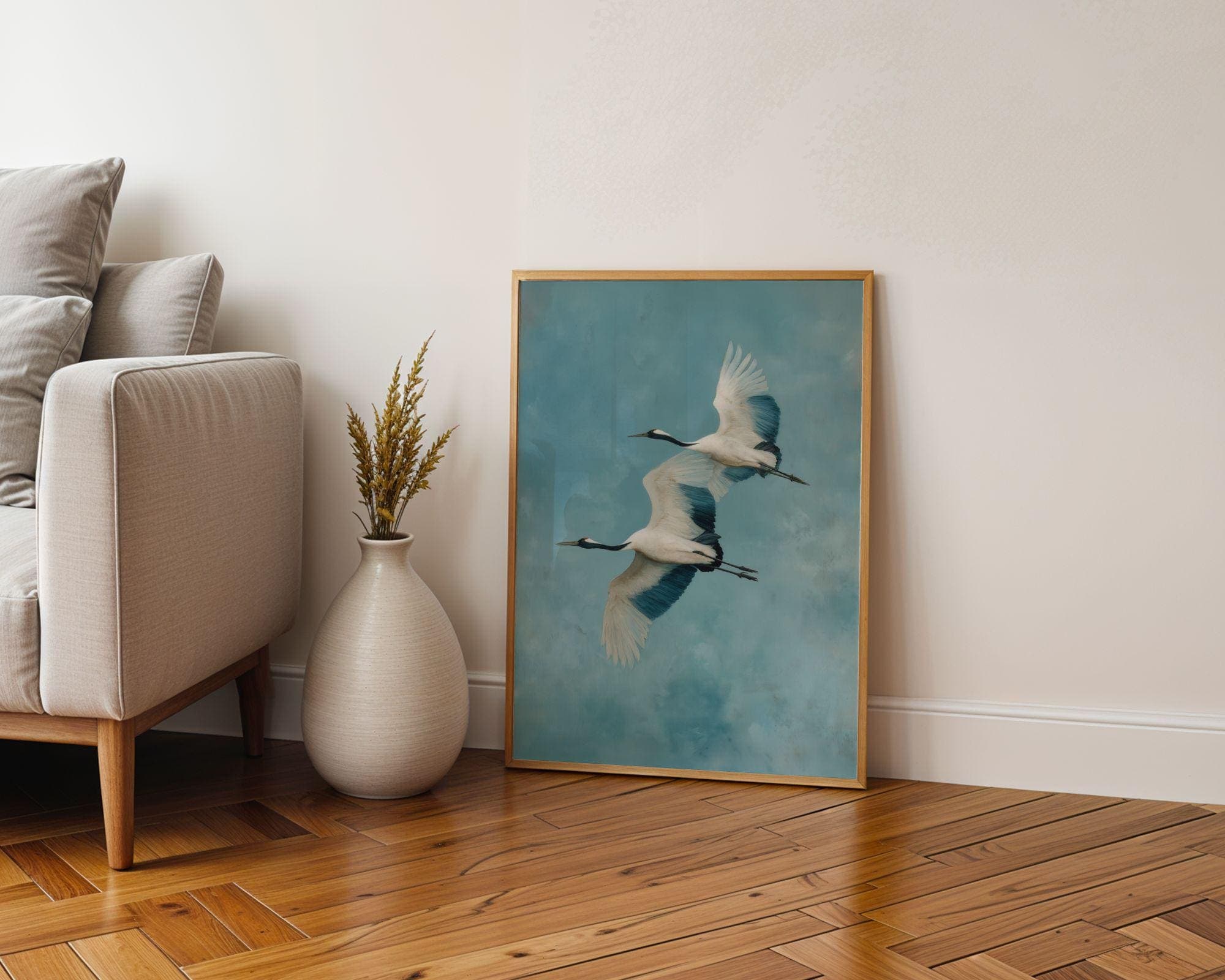 Japandi Crane Wall Art, Wabi-Sabi Decor | Twin Cranes in Flight, Calm Blues Print, Japandi Home Decor, Calming Wall Art, Digital Download - view 7
