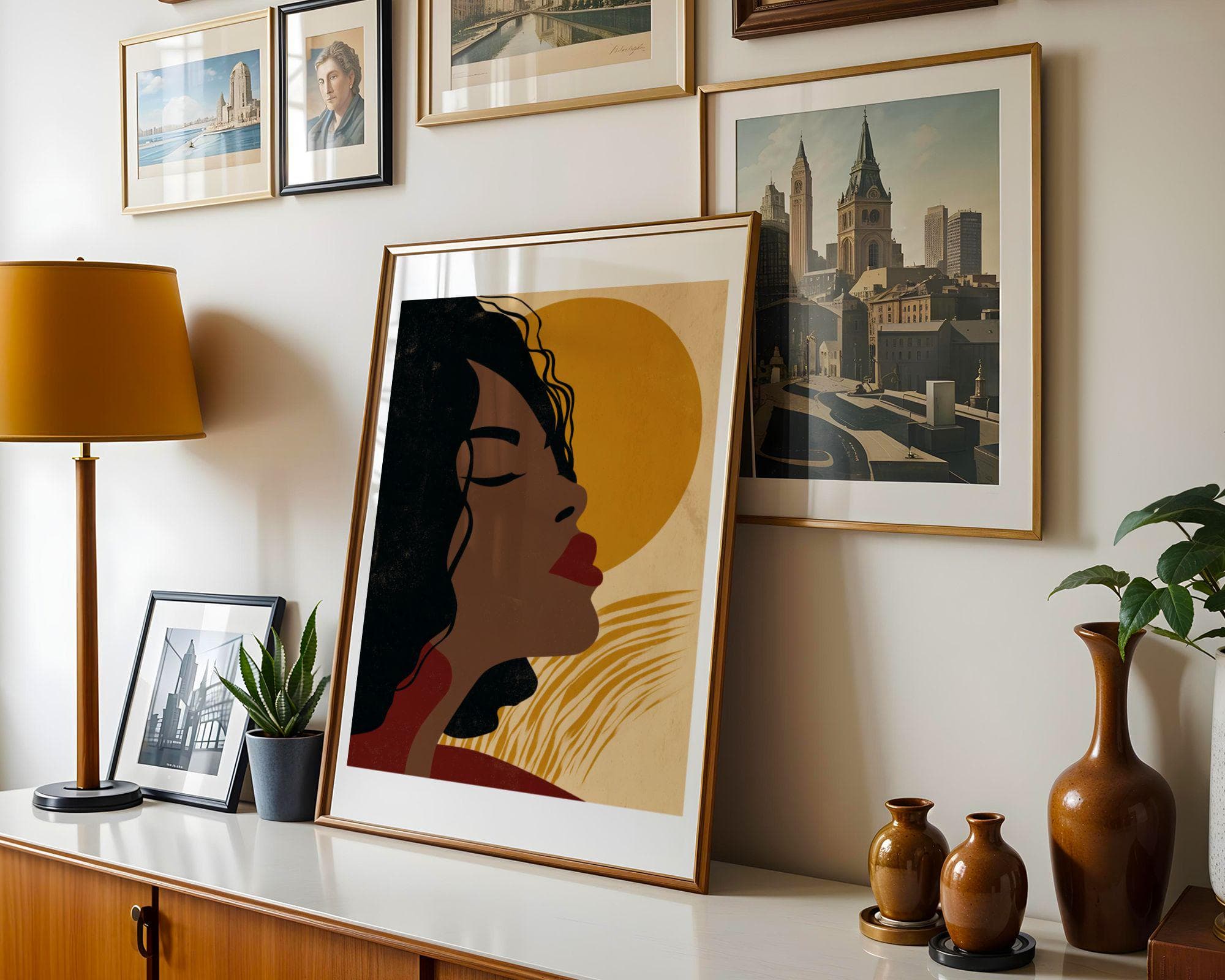 Black Woman Wall Art, Red Lips Portrait, Golden Sun, Boho Neutral Decor Print, Modern Afrocentric Decor, Earthy Neutral Art, Digital Print - view 3