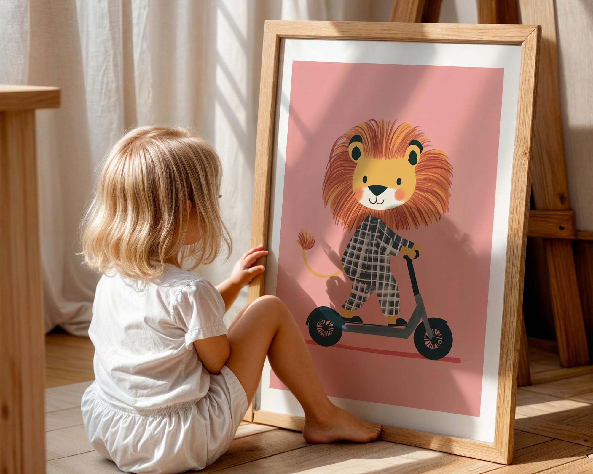 Lion on a Scooter Print, Eclectic Nursery Wall Art, Pink Playroom Boy's Room Prints, Printable Wall Art, Nurserywall Art Playful nursery art - view 4