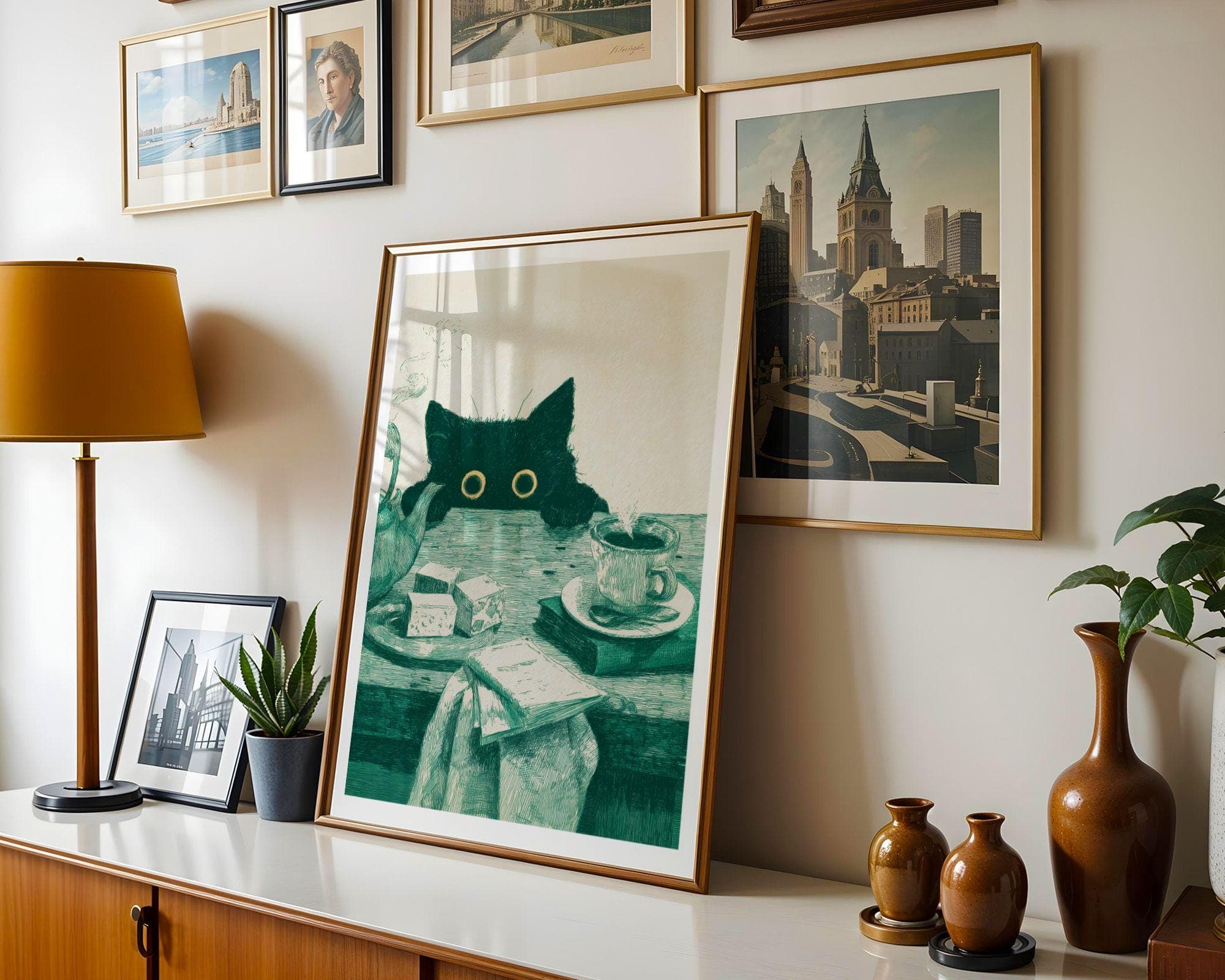 Funny Cat Kitchen Poster, Whimsical Black Cat Poster, Curious Cat Wall Art, Quirky Cat Decor, Vintage Cat Art Print, Emareld Green Wall Art - view 5