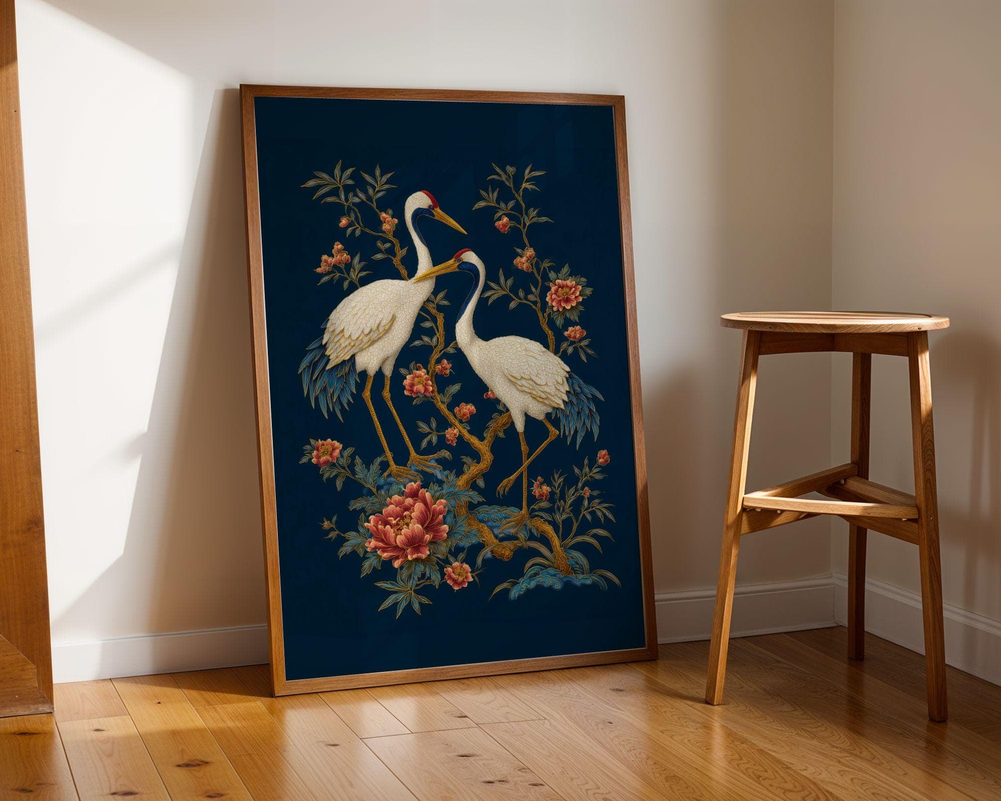 Gold Crane Wall Art Blue Oriental Decor, Japanese Crane Wall Art Print, Gold Asian Bird Painting, Oriental Floral Decor, Japandi Crane Art - view 6