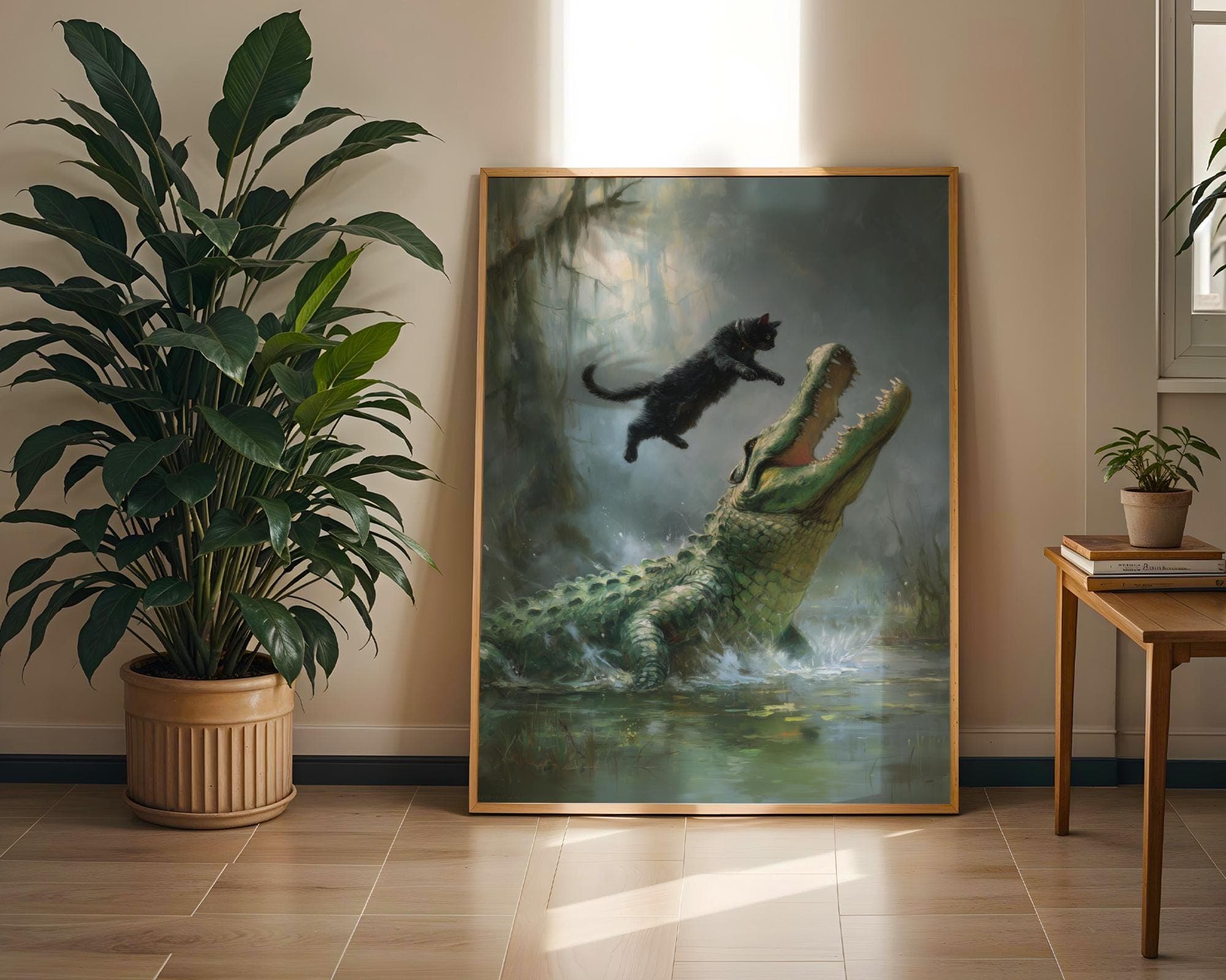 Fearless Cat vs Alligator ā Fantasy Wildlife Wall Art, Heroic Cat Scene, Funny Black Cat Decor, Dramatic Digital Oil Style Wildlife Painting - view 2