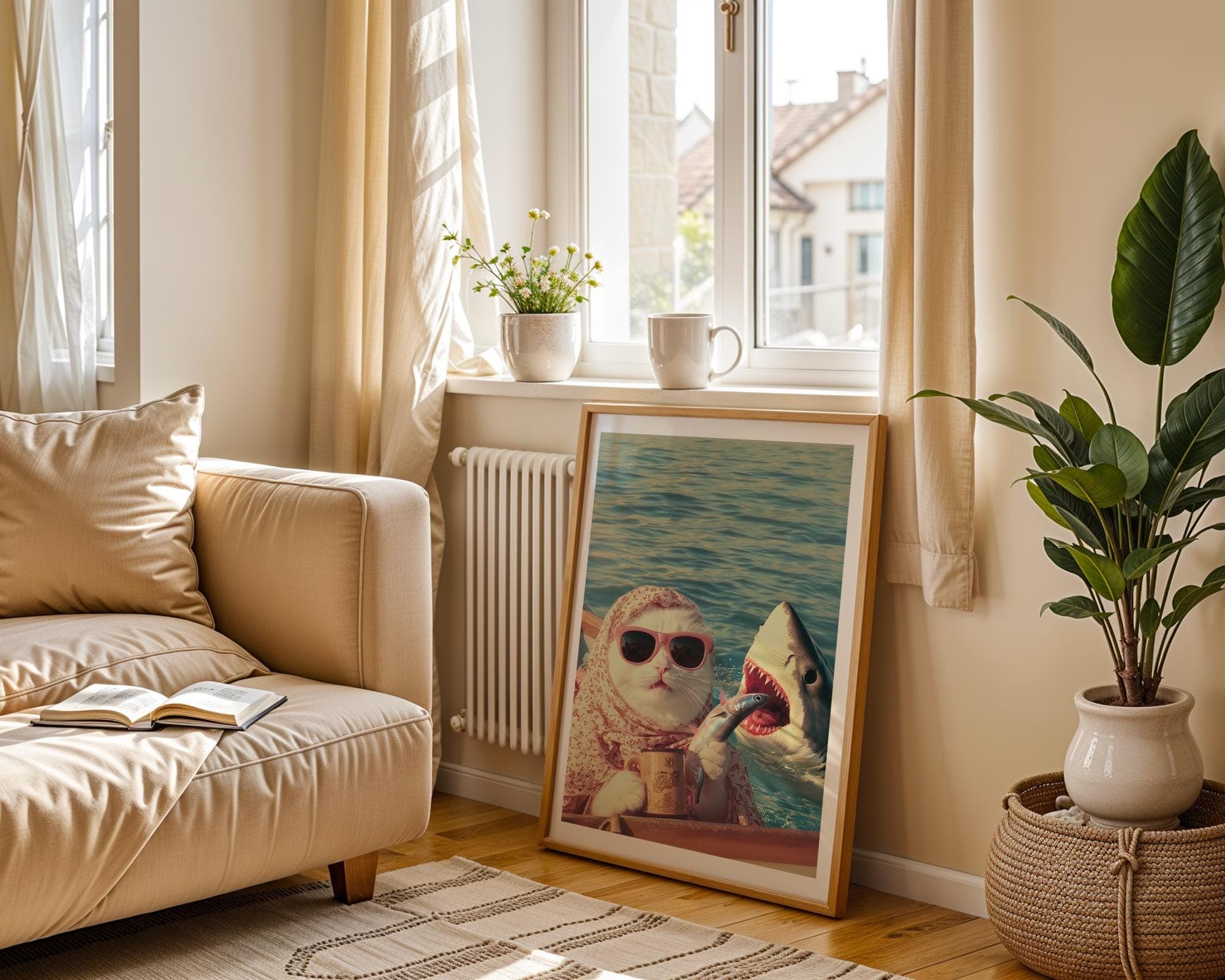 Funny Cat and Shark Wall Art, Funny Animal Art, Quirky Art Print, Quirky Cat Poster, Maximalist Cat Wall Art, Humorous Poster, Digital Art - view 3