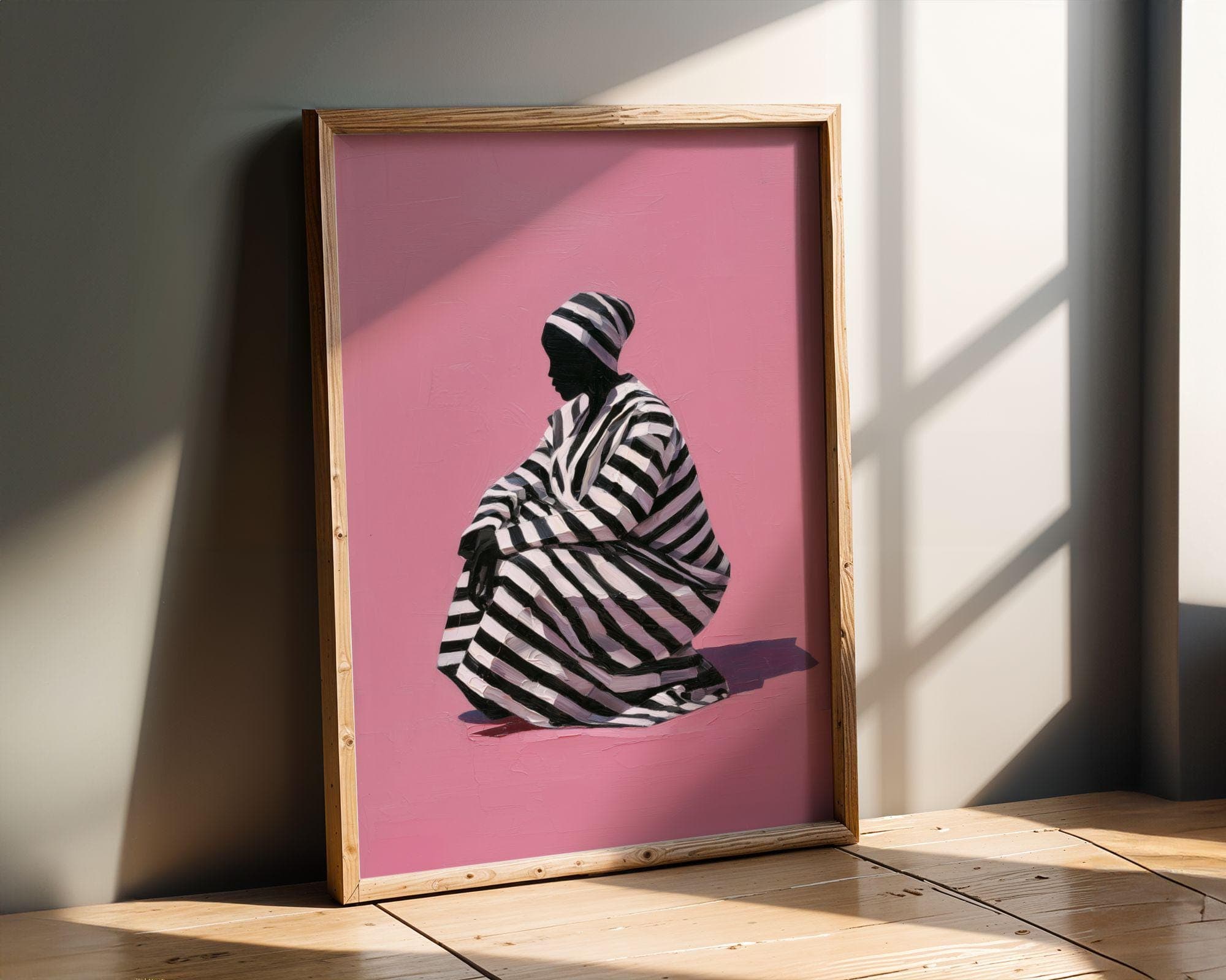 Pink Wall Art Print, Striped Dress Woman Silhouette, Modern Fashion Decor, Bedroom Living Room, Modern Woman Wall Art, Pink Background Print - view 4