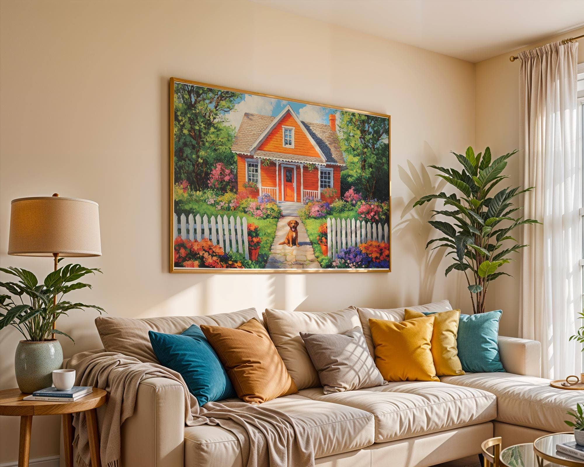 Colorful Garden House Painting, Garden Cottage Wall Art, Cottagecore Dog Poster, Rustic Home Floral Print, Colorful Floral Garden Print - view 3