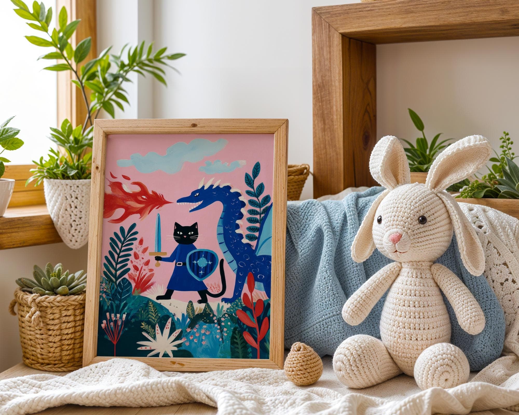 Fantasy Cat Knight Wall Art β Whimsical Dragon Battle Print, Pink Fantasy Kids Wall Art, Whimsical Black Cat Wall Art, Digital Download - view 4