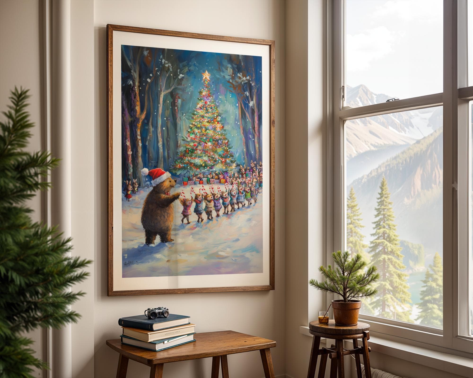 Christmas Bear Wall Art, Christmas Art Print, Christmas Forest Party Poster, Winter Wall Art, Festive Forest Print, Festive Winter Print - view 3