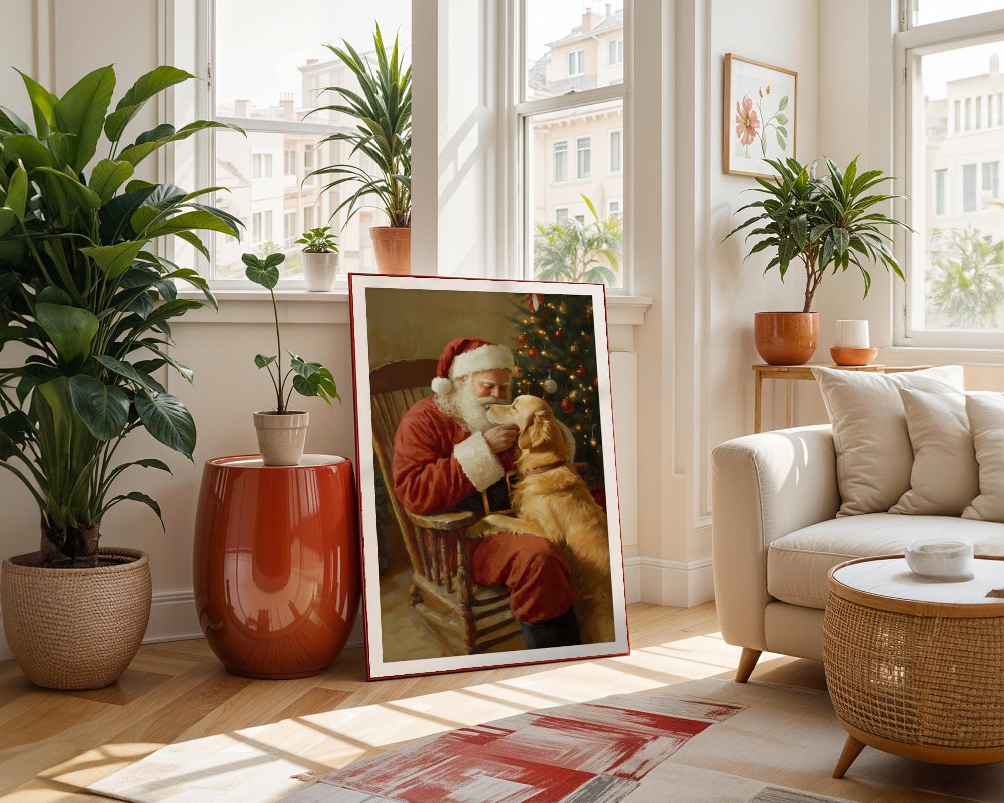 Santa Claus with Golden Retriever - Heartwarming Christmas Wall Art Print, Heartwarming Holiday Art, Cozy Vintage Christmas Wall Art - view 6