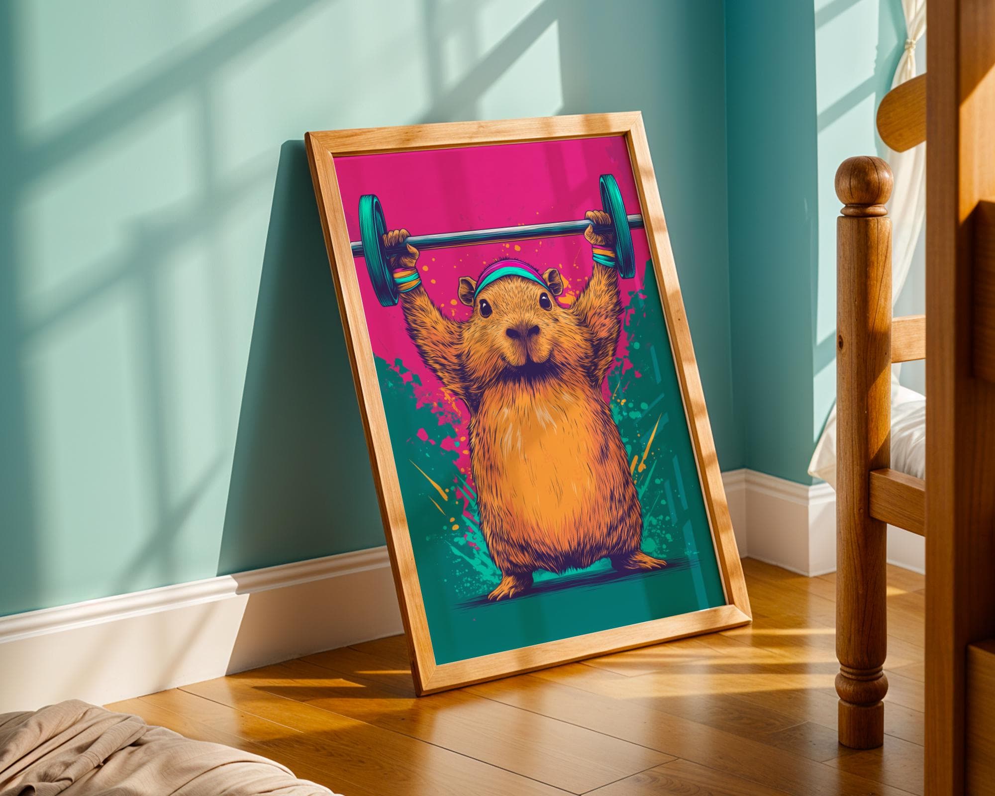 Capybara Print, Funny Capybara Art Print, Digital Download, 80s Aesthetic Capybara Wall Print,Colorful Capybara Poster,Gym Motivation Poster - view 3