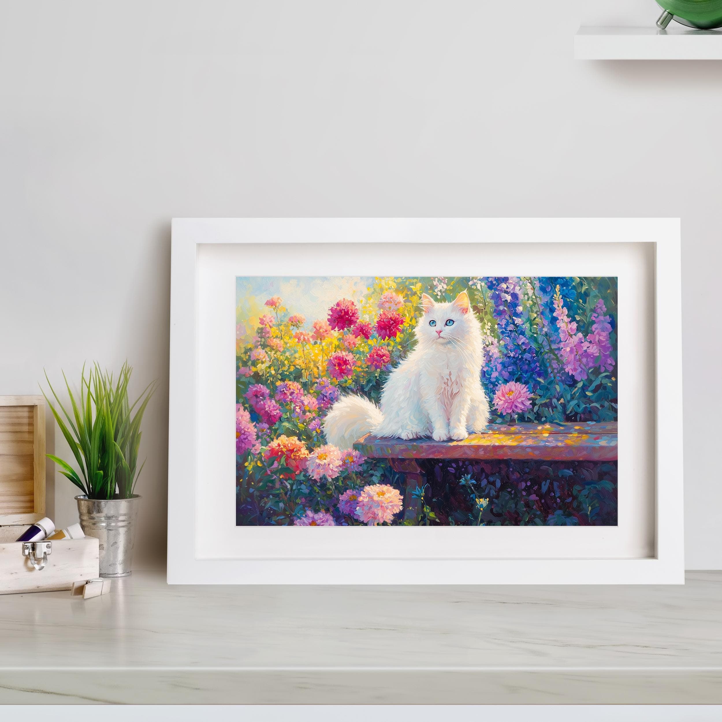 Fluffy white cat in a flower garden, Oil painting of cat and flowers, Garden oil painting print,Colorful floral art print, White Cat Artwork - view 5
