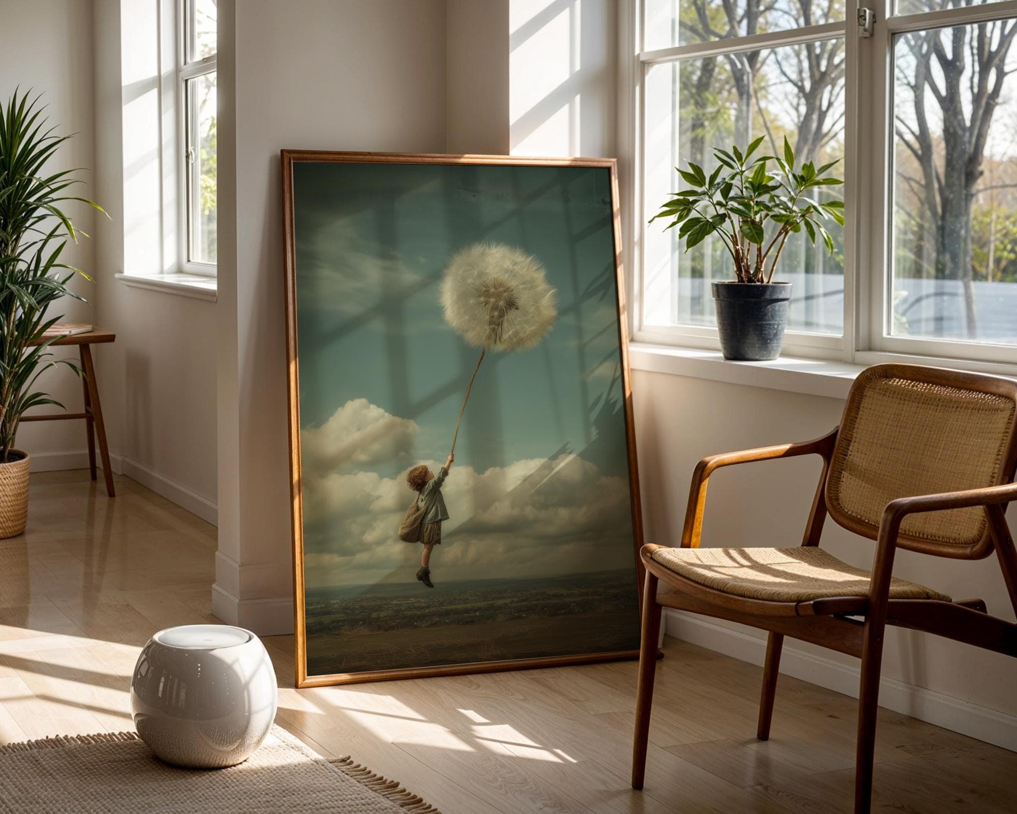 Whimsical Child Holding Giant Dandelion Wall Art, Surreal Flying Fantasy Poster, Surreal Vintage Wall Decor, Digital Download, Surreal Gift - view 2