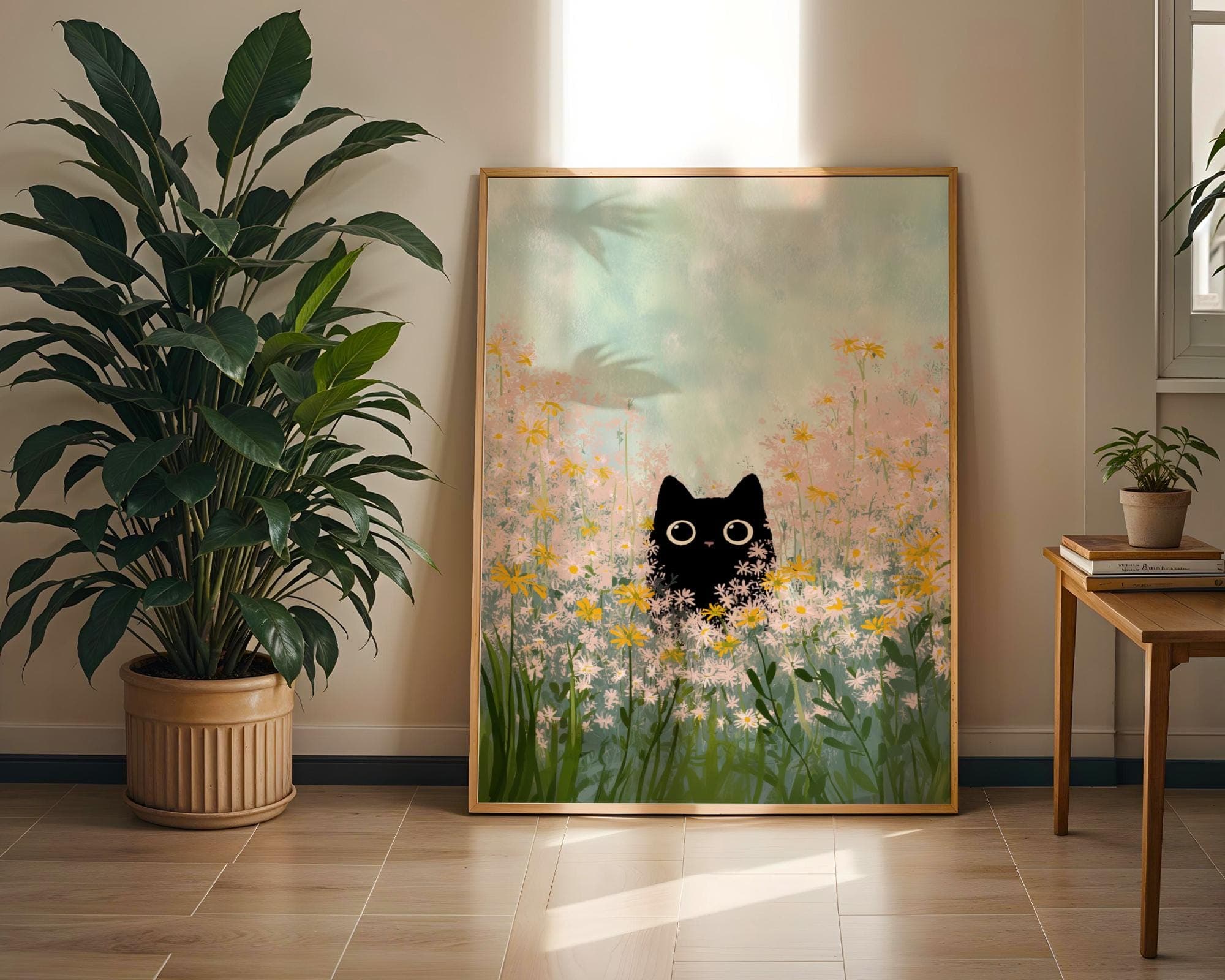 Black Cat Wall Art, Whimsical Cat in Floral Field, Kawaii Black Cat Art Print, Digital Download, Cute Black Cat Art, Whimsical Animal Art - view 6
