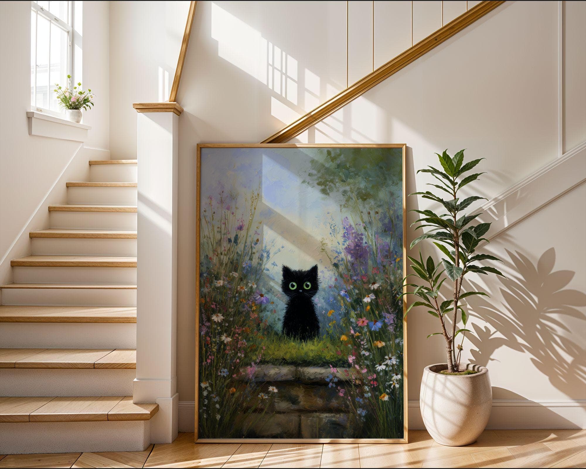 Black Cat in Wildflower Garden Wall Art, Whimsical Black Cat Poster, OilPaint Print, Colorful Floral Decor, Black Cat Aesthetic,Charming Cat - view 5