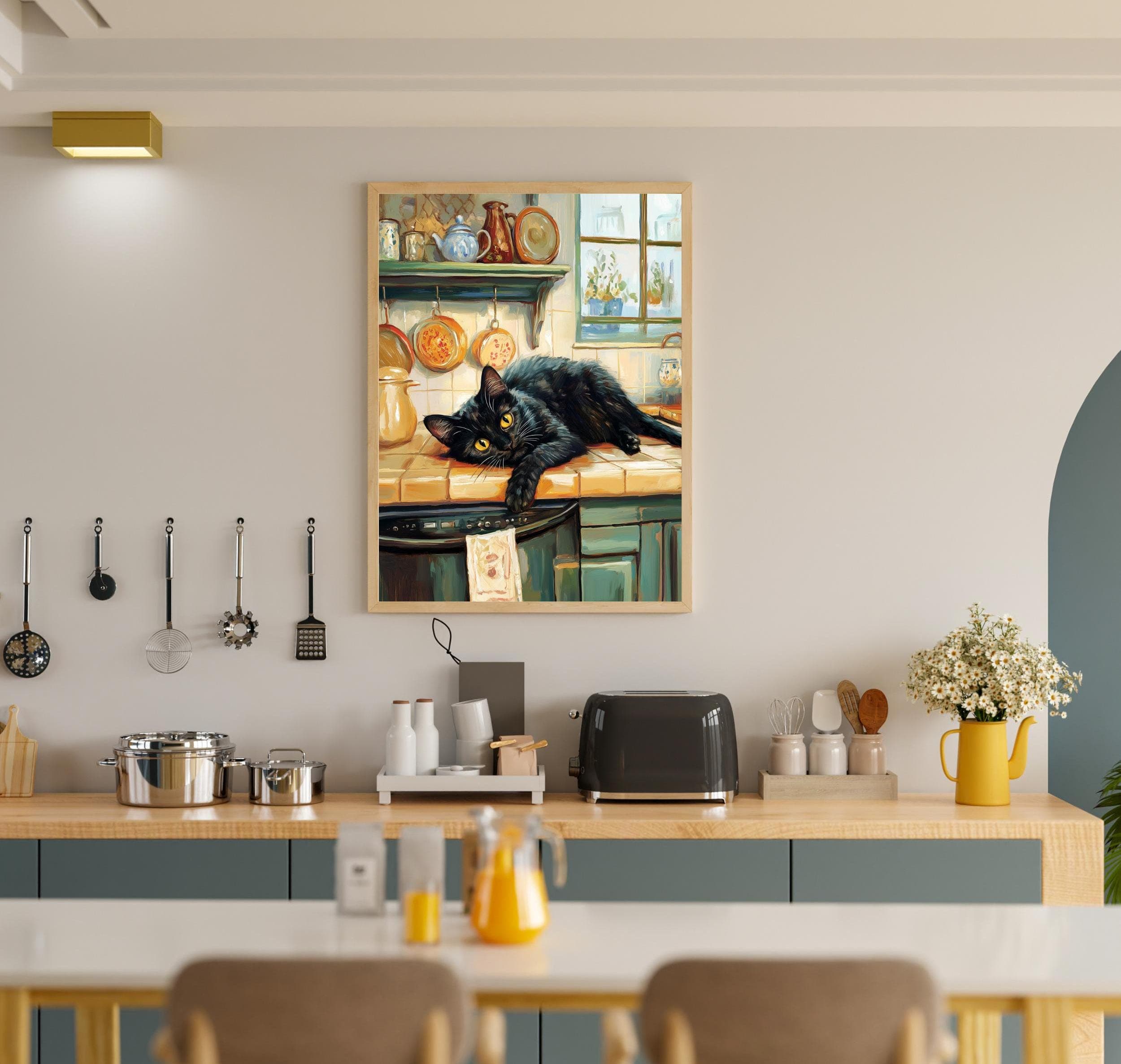 Cozy Kitchen Art, Black Cat Painting, Rustic Home Decor, Black Cat Painting, Farmhouse Kitchen Wall Art, Whimsical Black Cat Art, Cat Poster - view 3