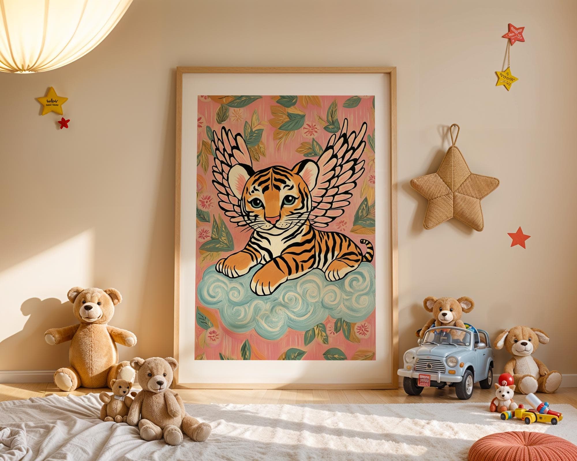 Winged Tiger Wall Art, Whimsical Pink Nursery Decor, Pink and Blue Nursery Art, Angelic Tiger Wall Art, Kids Room Tiger Wall Art, Baby Tiger - view 5