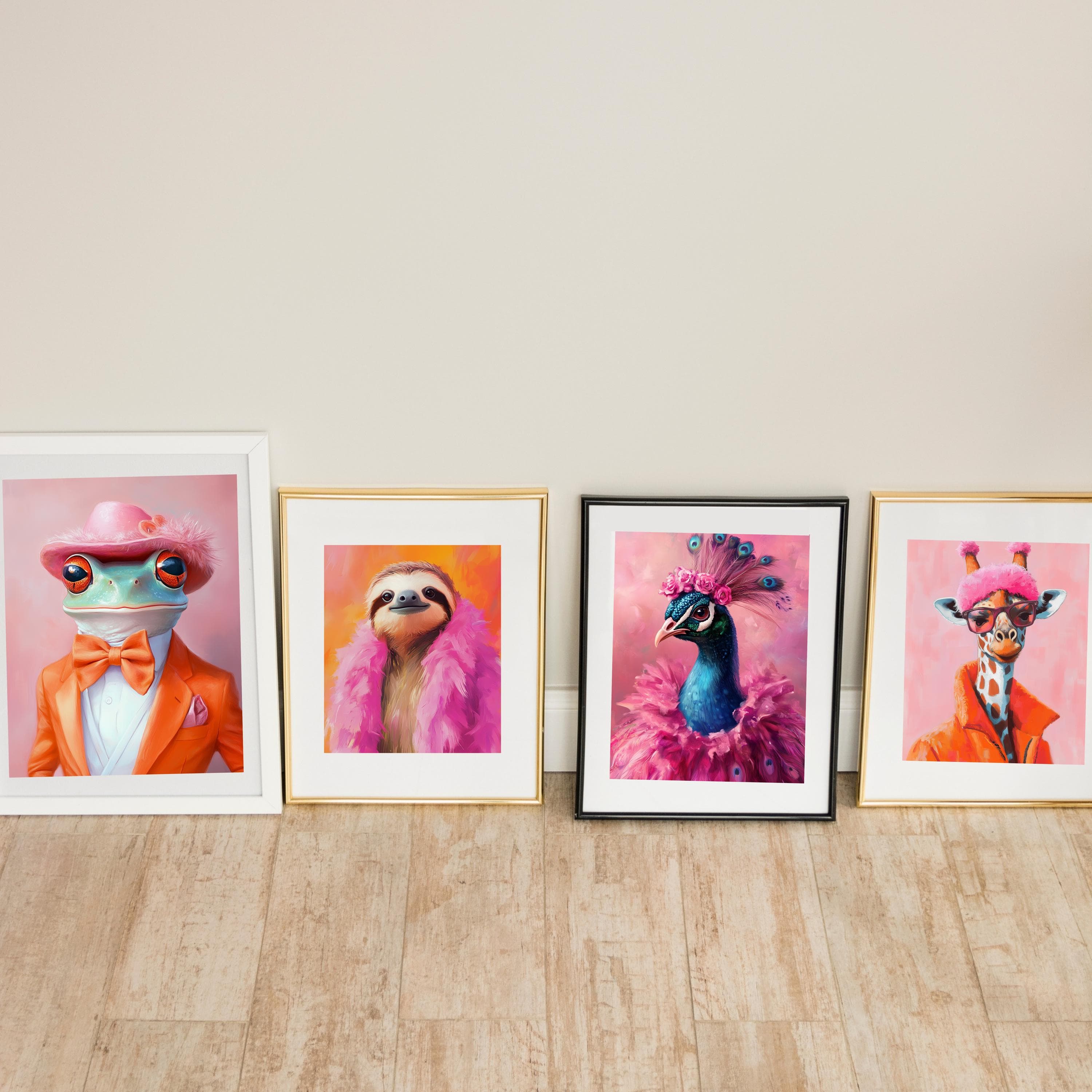 Colorful Animal Fashion Art Prints Maximalist Wall Art Funky Animal Fashion Portraits Cute Hipster Print Quirky Wall Art Preppy Print - view 4