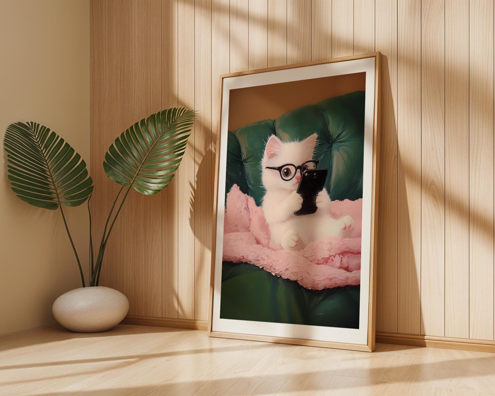 Cute Animal Wall Print, Funny Whimsical Home Decor, Adorable Cat with Smartphone, Digital Download, Funny White Cat Wall Art, Cute Cat Decor - view 4