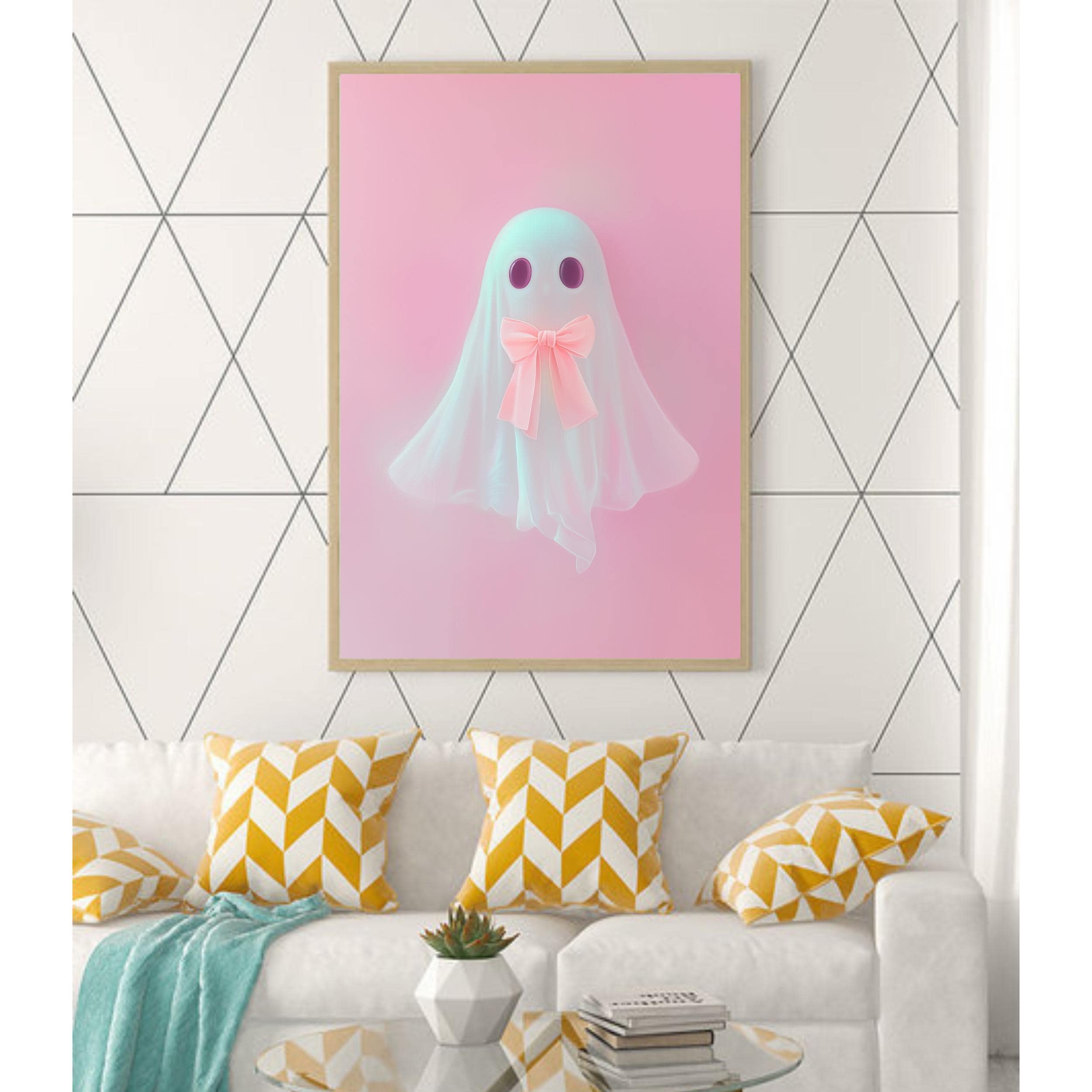 Pink Ghost Wall Art Print Pink Bow Ghost Printable Cute Ghost Painting Coquette Aesthetic Halloween Decor Preppy Trendy Girly Digital Art - view 4