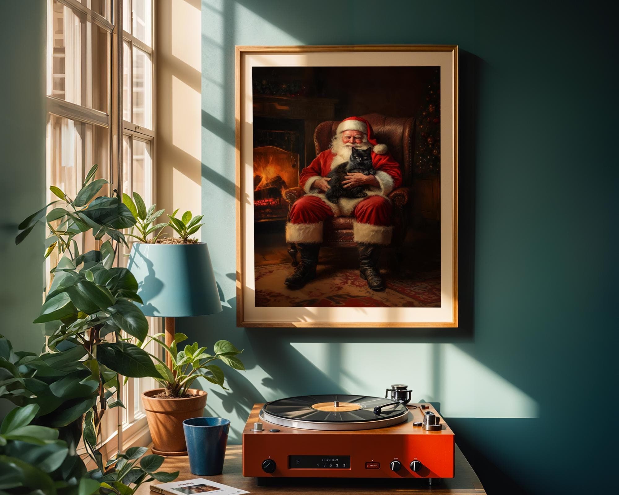 Santa Claus with Black Cat - Cozy Christmas Wall Art Print, Christmas Wall Decor, Whimsical Cat and Santa Claus Print, Digital Download - view 3