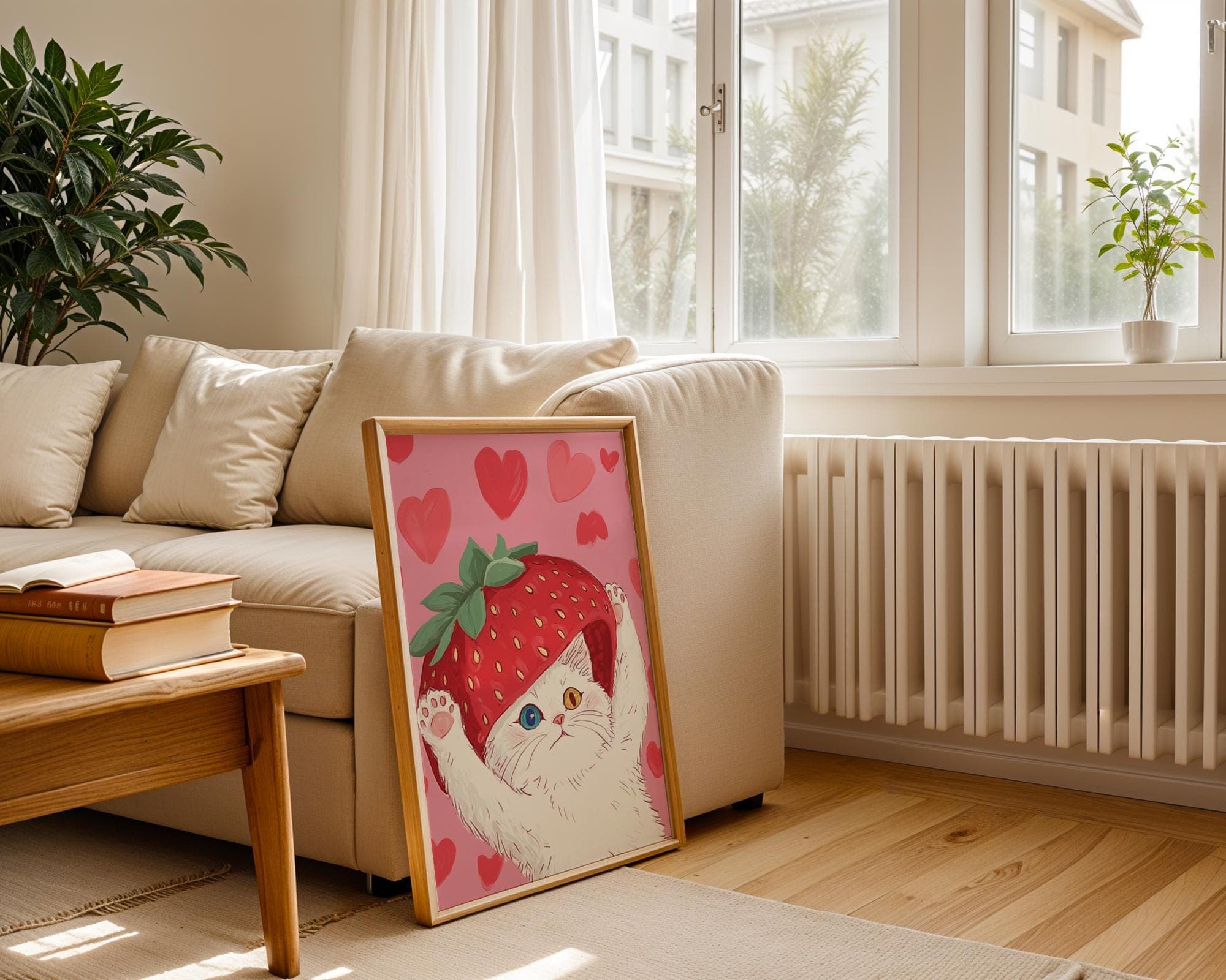 Pink Kawaii Wall Art, Strawberry Cat Wall Art, Art Digital Download, Pink Nursery Decor, Preppy Cat Wall Decor, Pink Aesthetic Wall Print - view 4