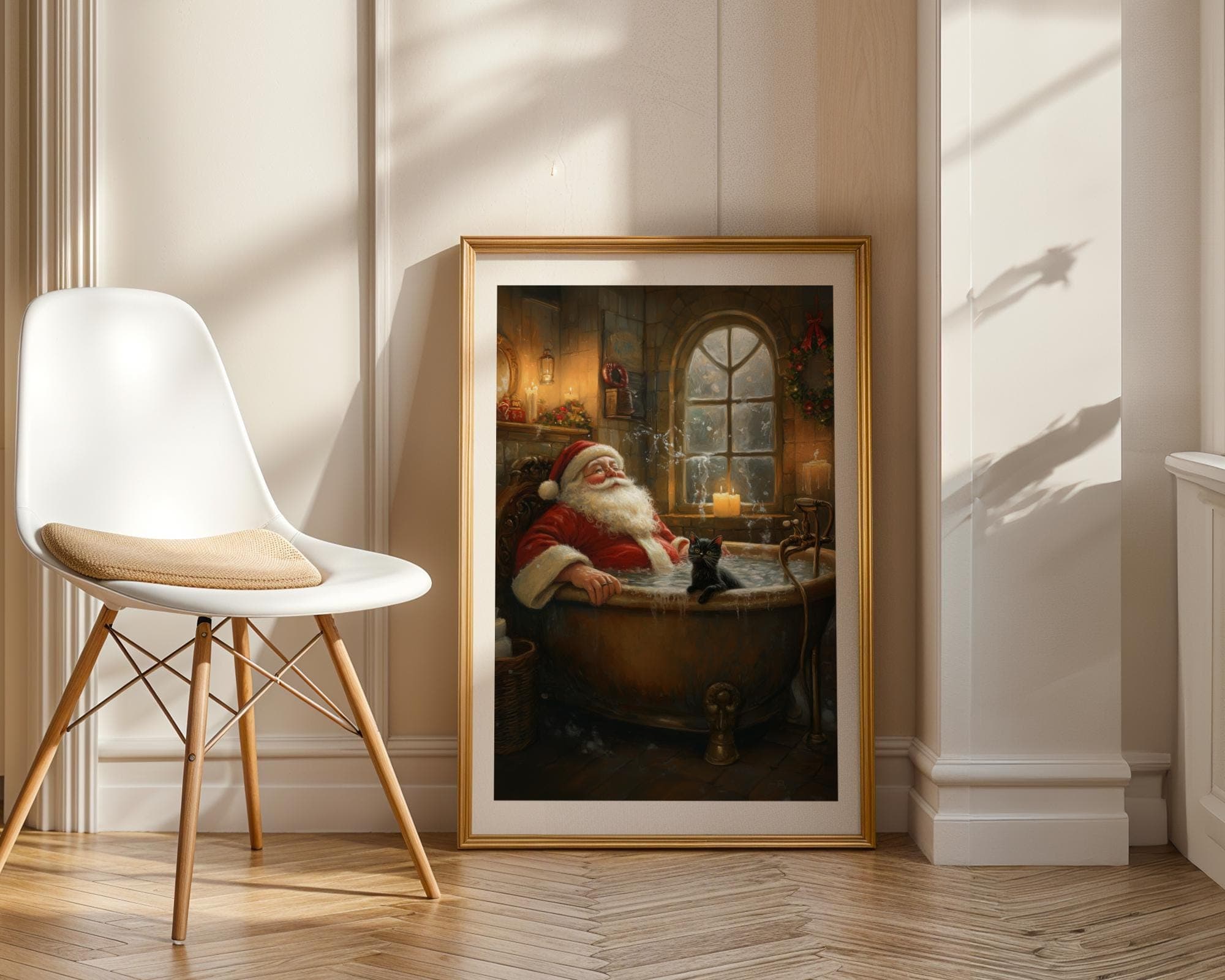 Santa Claus and Black Cat in Bathtub DIGITAL DOWNLOAD, Cat PRINTABLE Wall Art, Maximalist Christmas Home Decor, Santa and Black Cat Wall Art - view 4