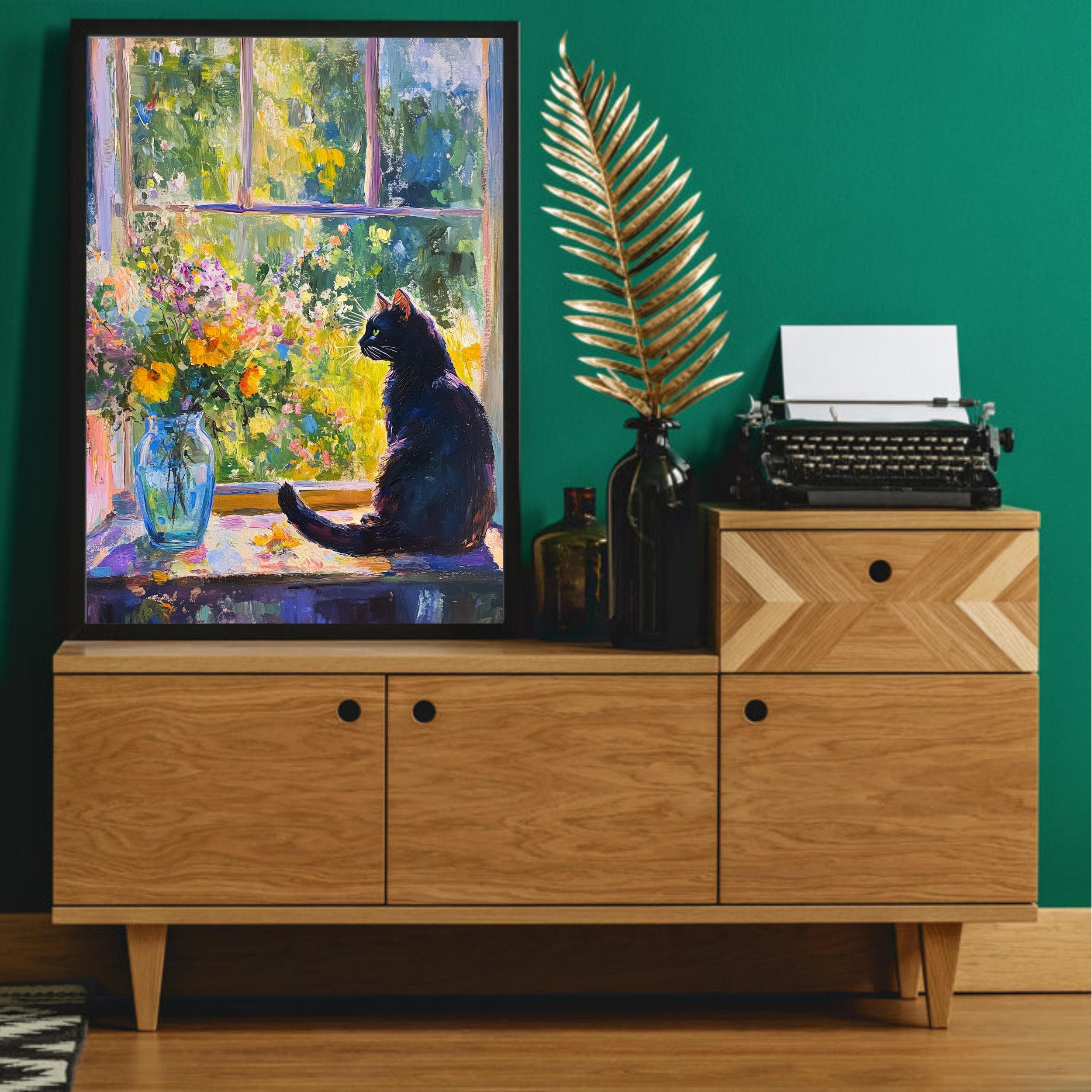 Whimsical Black Cat Art, Colorful Oil Painting, Cat Mom Gift, Digital Cat Art, Colorful Home Decor, Black Cat Oil Painting Poster - view 4