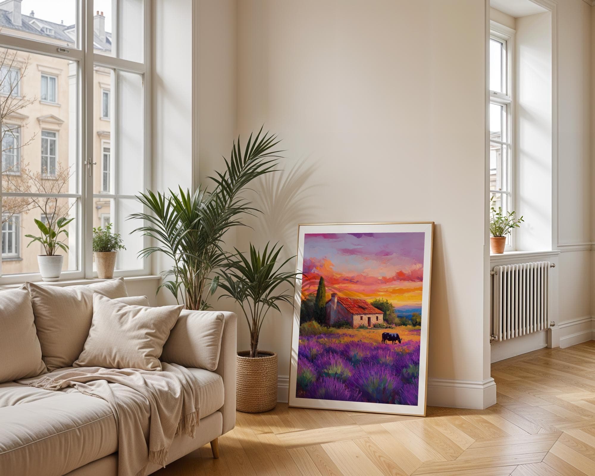Lavender Field Wall Art, Farmhouse and Cow in Lavender Fields, Country Wall Art, Sunset Landscape Painting, Pastoral Provence Print, Digital - view 7
