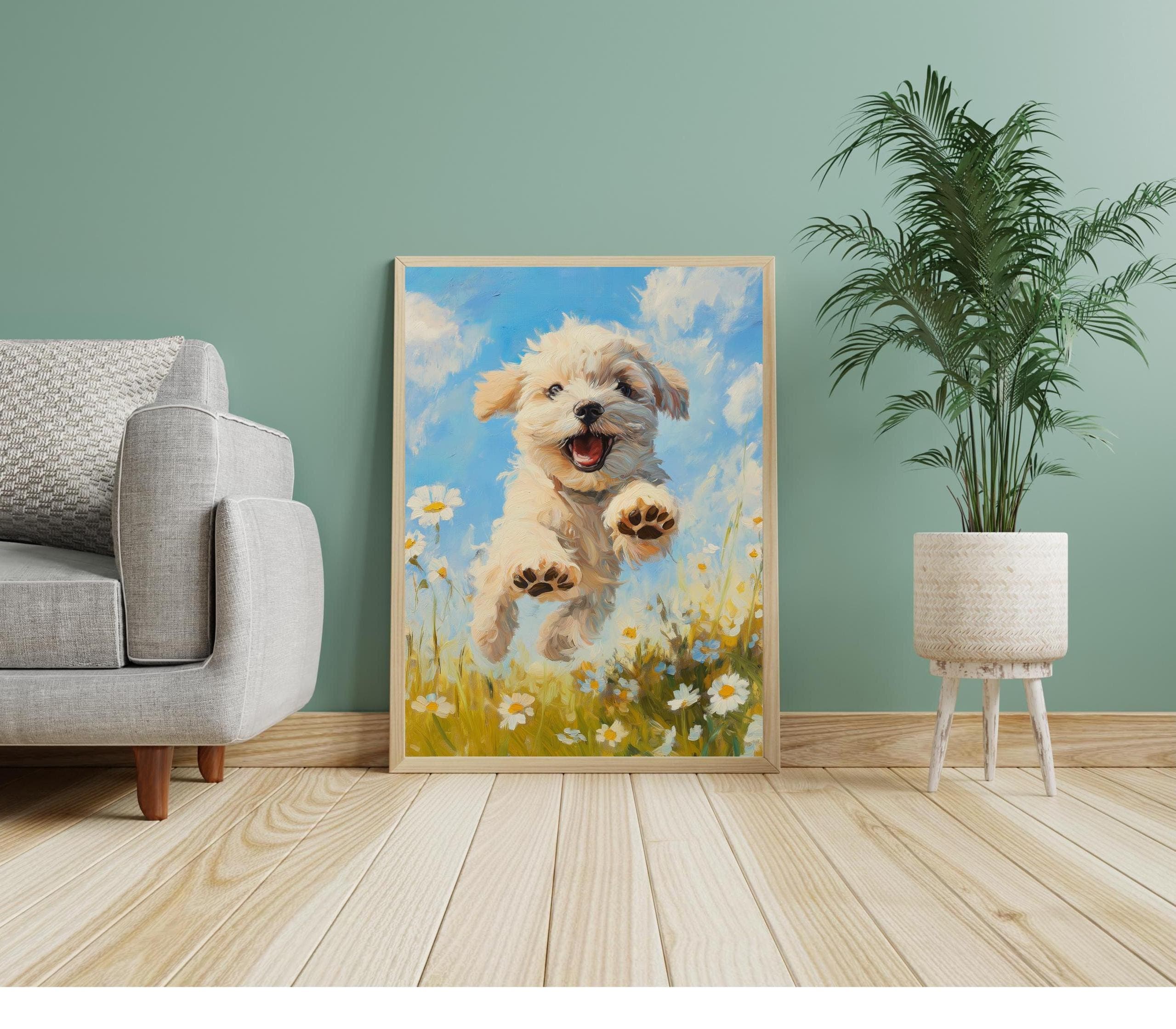 Colorful Puppy Wall Art, Colorful Dog Print, Oil Painting, Playful Dog Art Print, Nursery Wall Decor, Cute Dog Wall Art, Preppy Room Decor - view 3