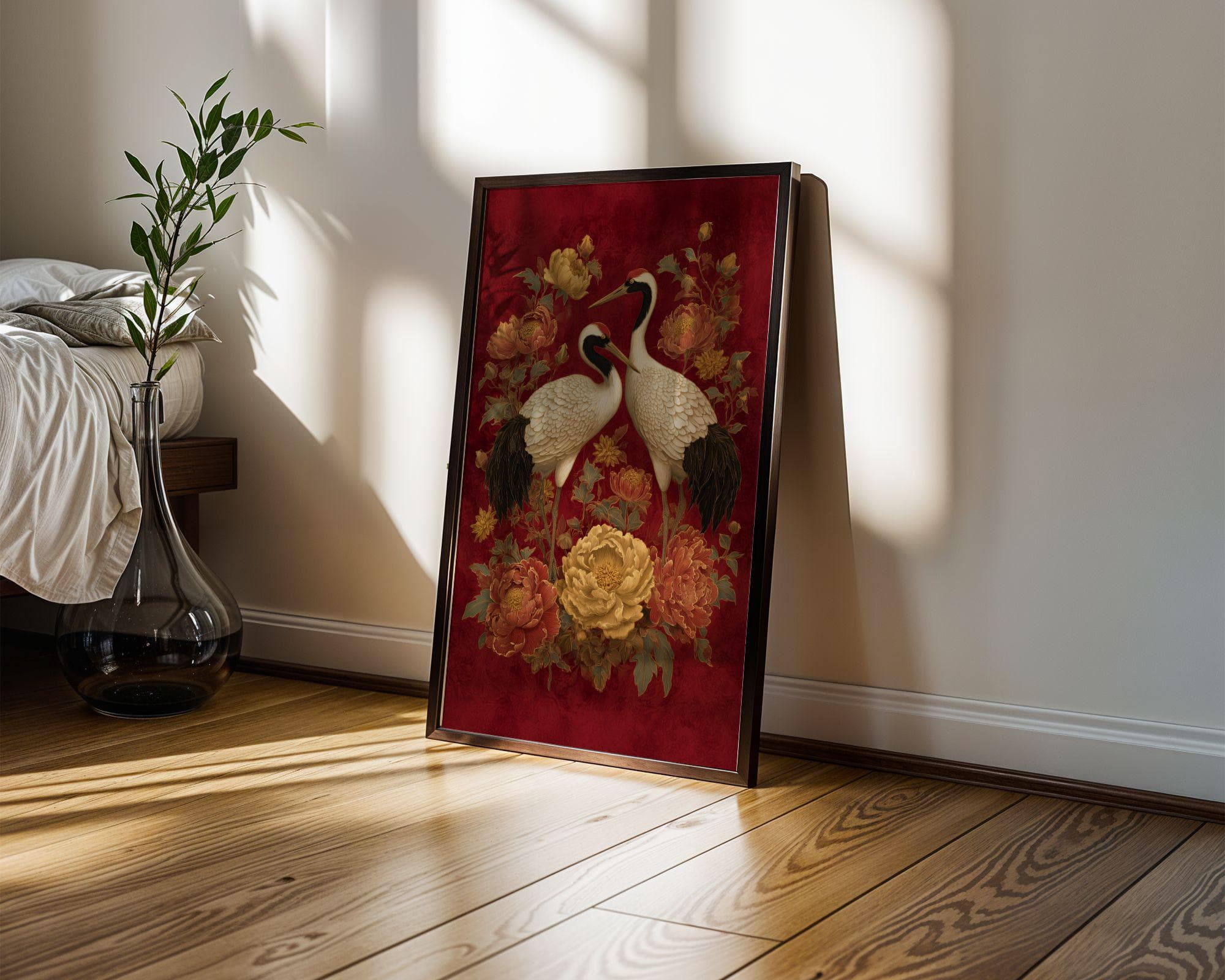 Crane Wall Art Red Gold Oriental Painting, Japanese Crane Wall Art, Red Gold Asian Bird Painting, Peony Flower Art, Oriental Decor, Japandi - view 6