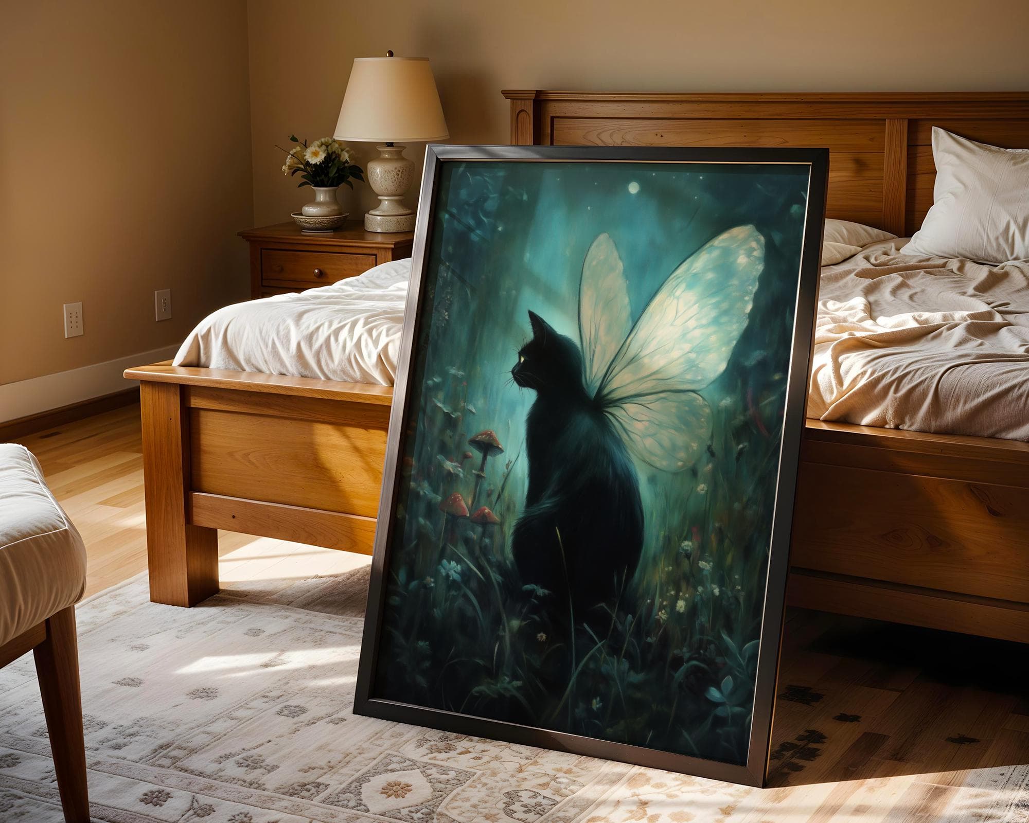 Mystical Black Cat Fairy Wall Art, Dark Forest Fantasy Print, Magical Gothic Home Decor, Whimsical Black Cat Art, Dark Fantasy Cat Art Print - view 6