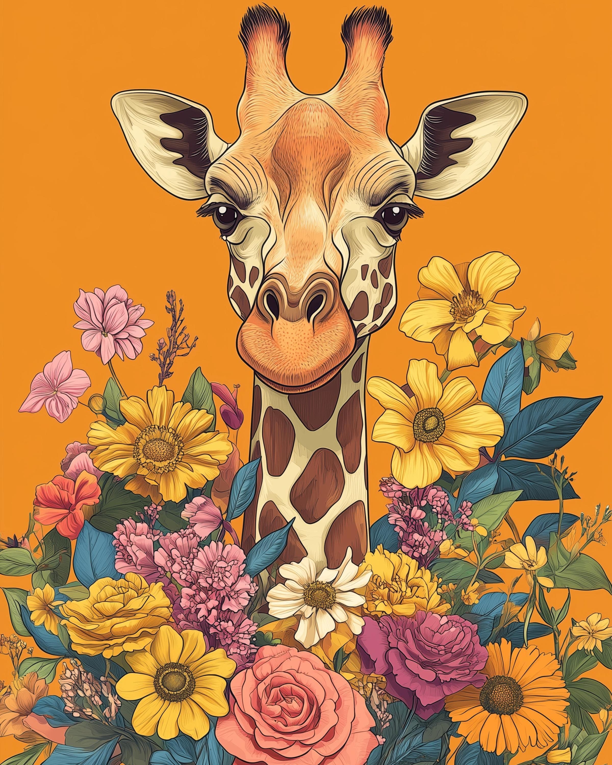 Printable Giraffe Wall Art, Eclectic Giraffe Art Print, Maximalist Home Decor, Giraffe Art, Botanical Giraffe Paint, Orange Giraffe Wall Art - view 2