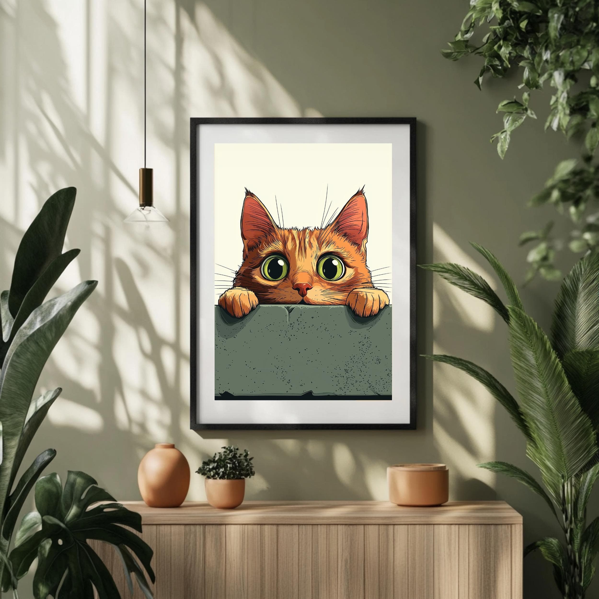 Whimsical Cat Peeking Art Print, Colorful Digital Wall Decor, Cute Cat Peeking Wall Art, Playful Wall Decor for Kids' Room, Ginger Cat Art - view 5