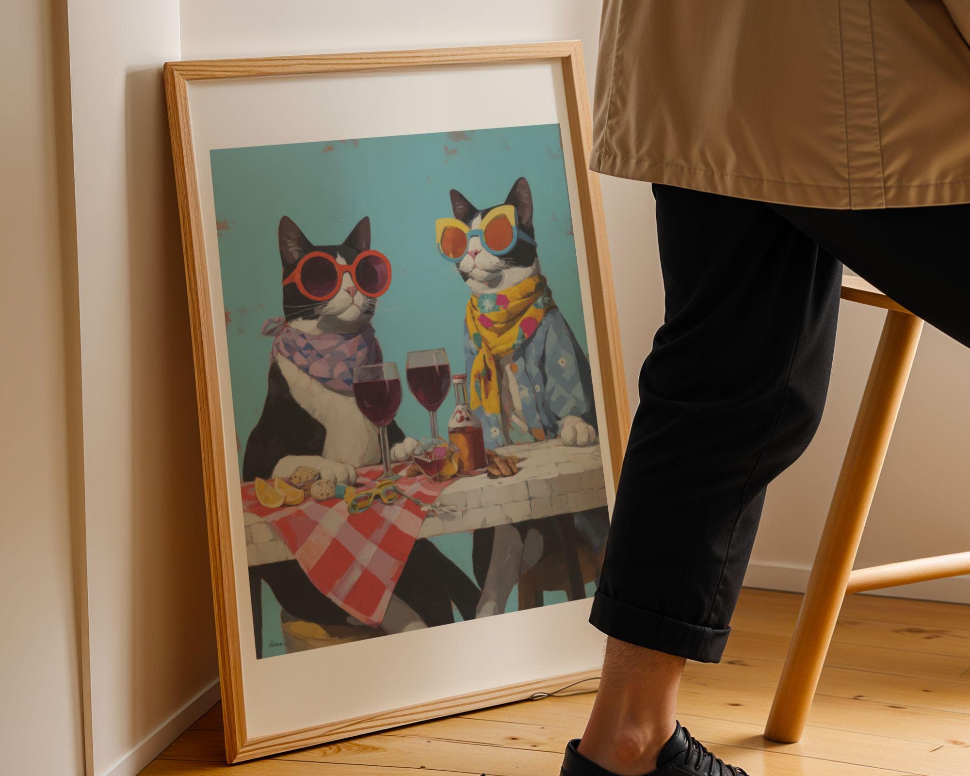 Funny Cat Couple Wall Art, Whimsical Cat Wine Print, Colorful Animal Painting, Dining Room Kitchen Decor, Stylish Pet Art, Quirky Cat Decor - view 9
