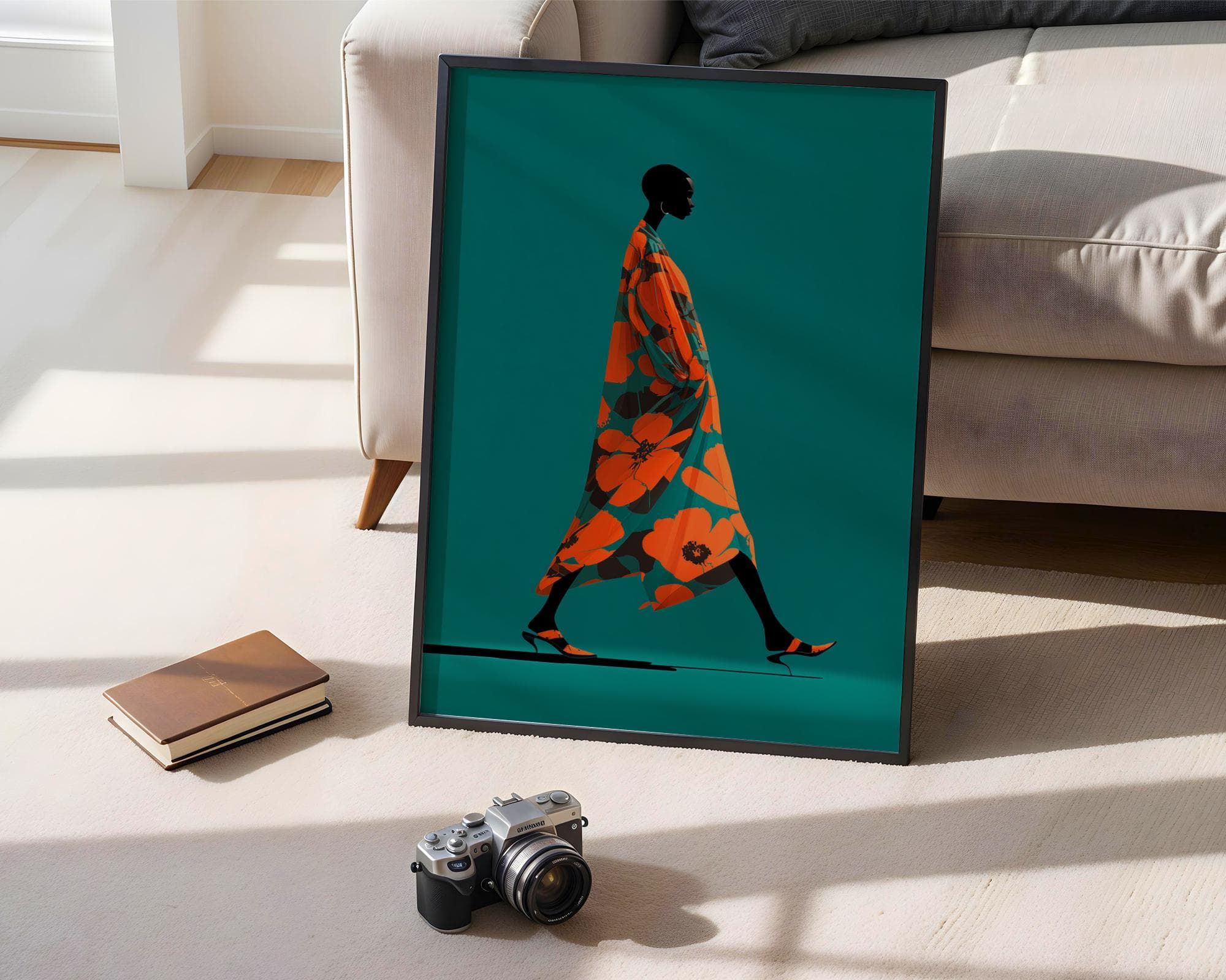 Modern African Woman Wall Art | Bold Floral Dress Illustration | Contemporary Fashion Print, Afrocentric Fashion Wall Art, Modern Boho Print - view 5