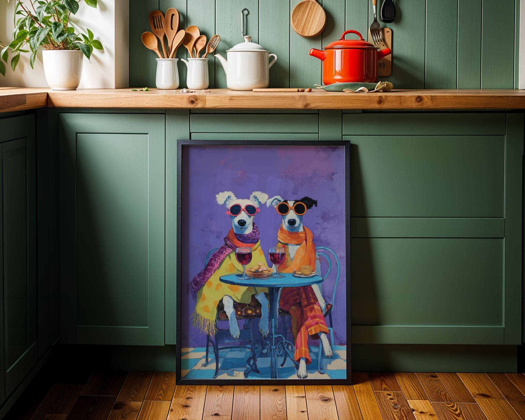 Funny Dog Couple Wine Wall Art, Quirky Dogs Kitchen Wall Art, Funny Animal Dog Painting, Whimsical Dog Couple Art, Wine Lover Gift, Dog Art - view 2