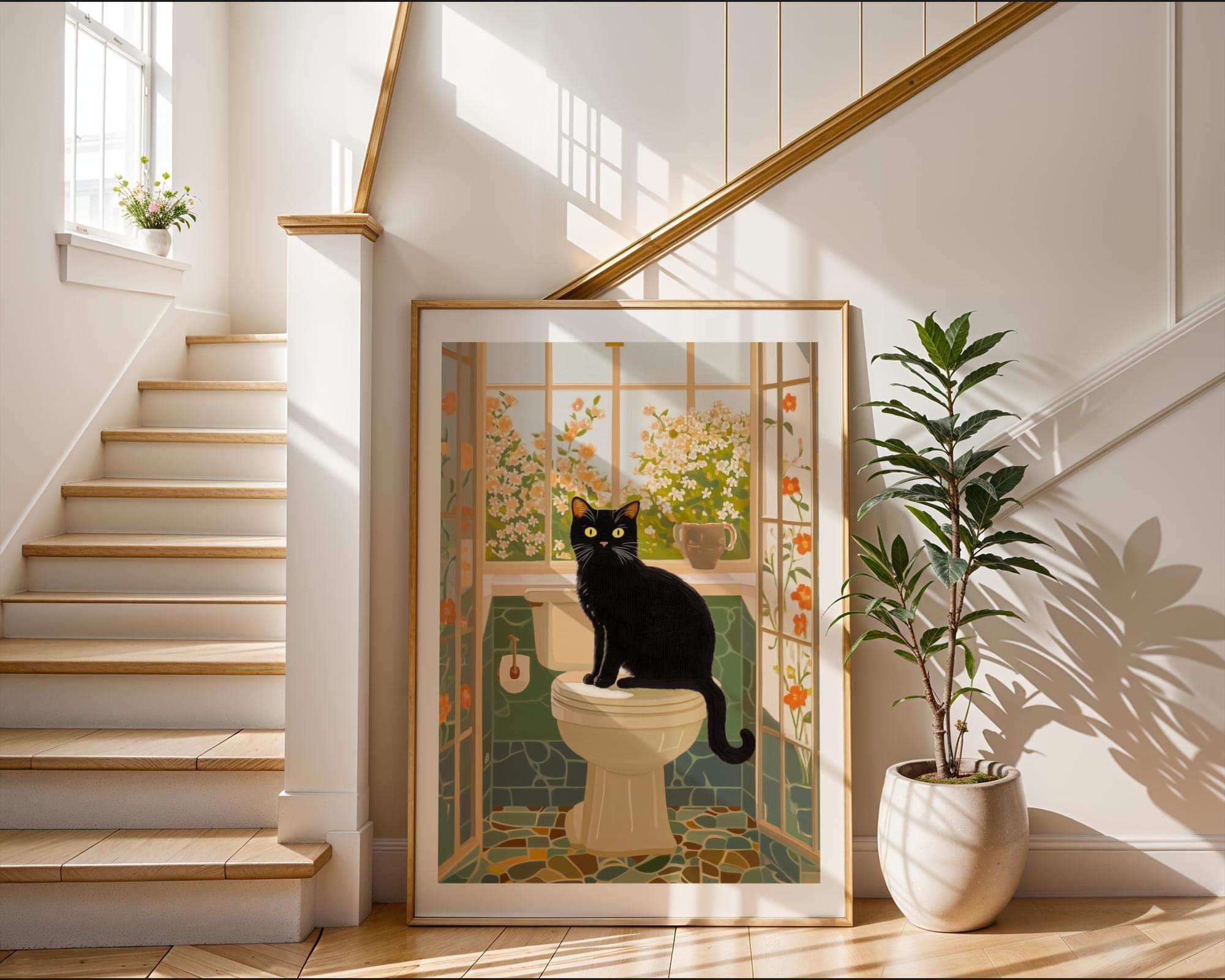Toilet Cat Print Funny, Orange Painting Poster, Animal Wall Art, Digital Wall Art, Bathroom Wall Art, Cat in Toilet Art, Maximalist Cat Art - view 3