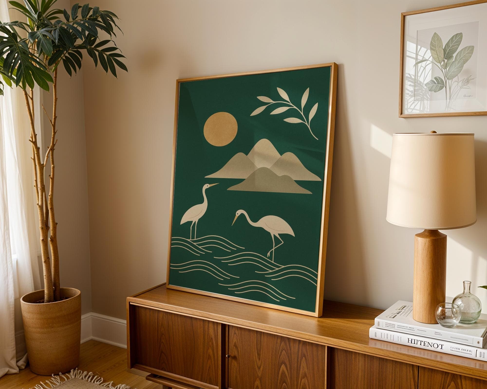 Abstract Bird Wall Art, Emareld Green Japandi Wall Art, Modern Asian Bird Poster, Minimalist Crane Wall Art, Zen Crane and Waves Print - view 3