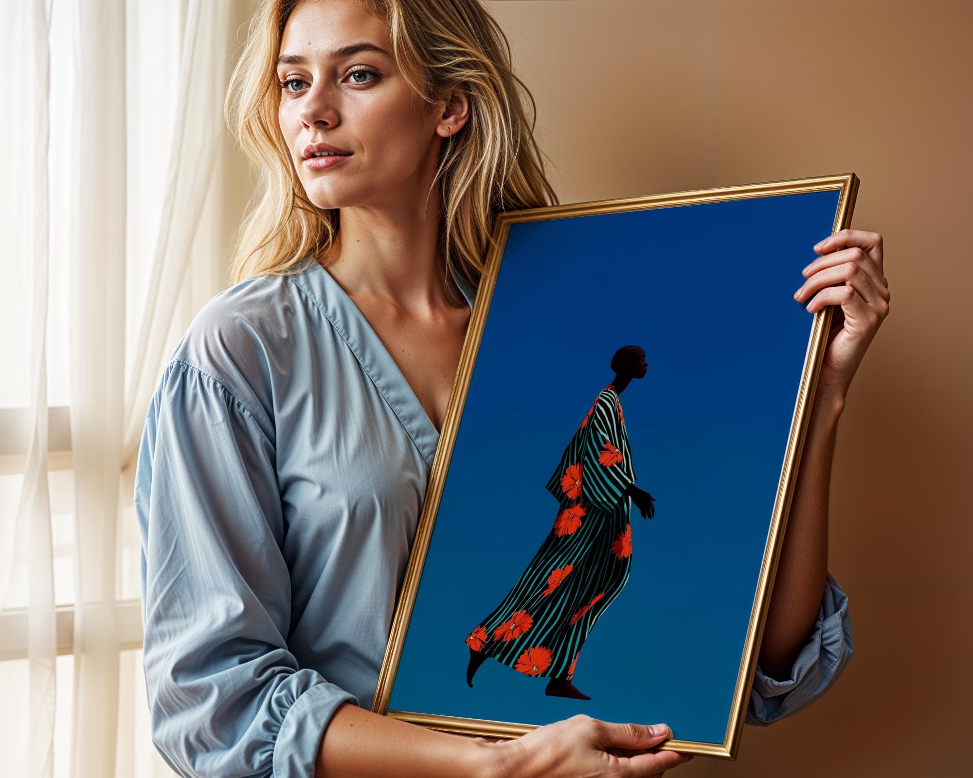 Minimalist Print Art, Contemporary Art, Ethnic Print Art, Modern African Woman Wall Art, African Woman in Striped Floral Dress, African Art - view 6
