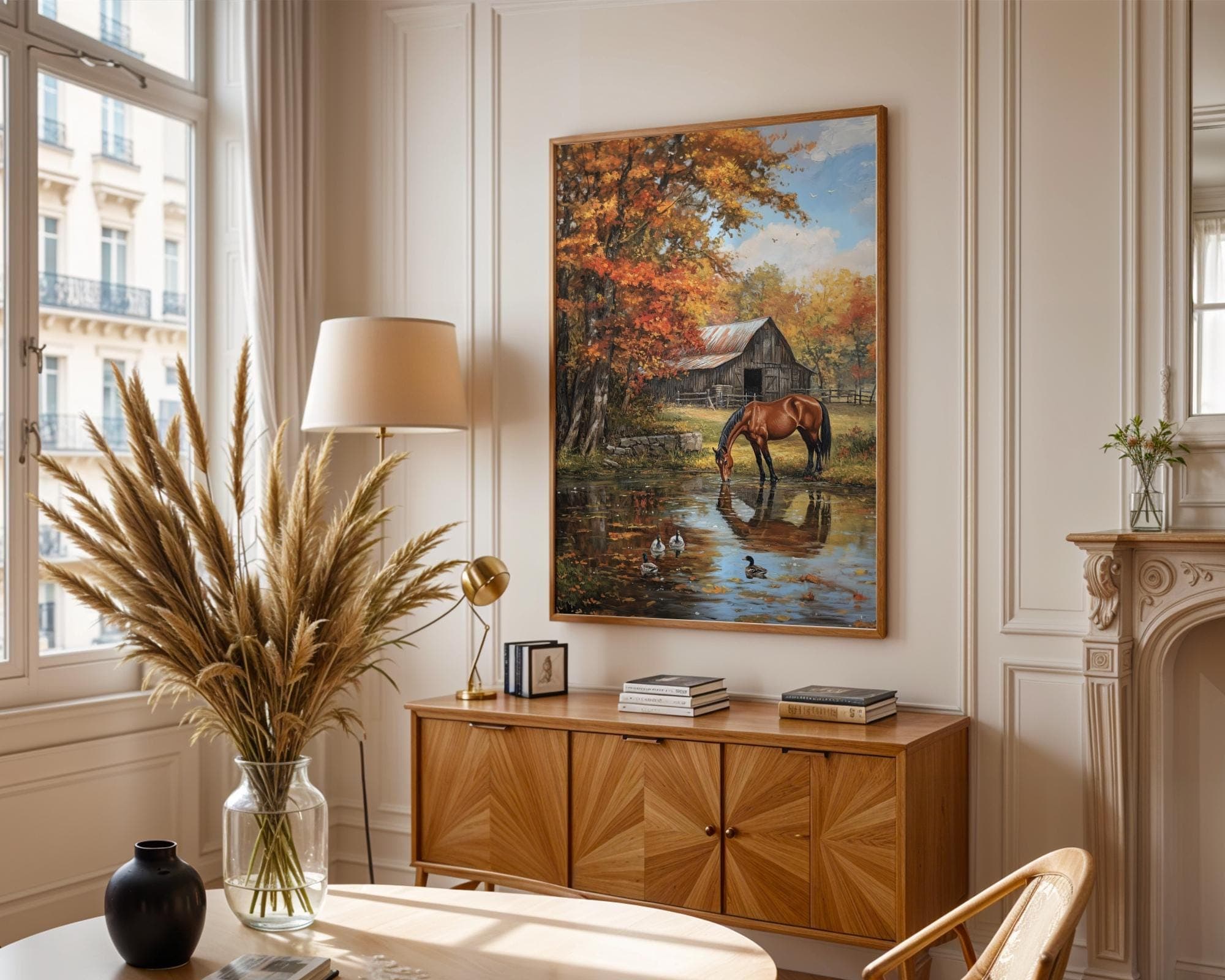 Pastoral Horse Farm Wall Print, Farmhouse Nature Wall Decor, Golden Fall Countryside Print, Countryside Reflection Print, Digital Download - view 3