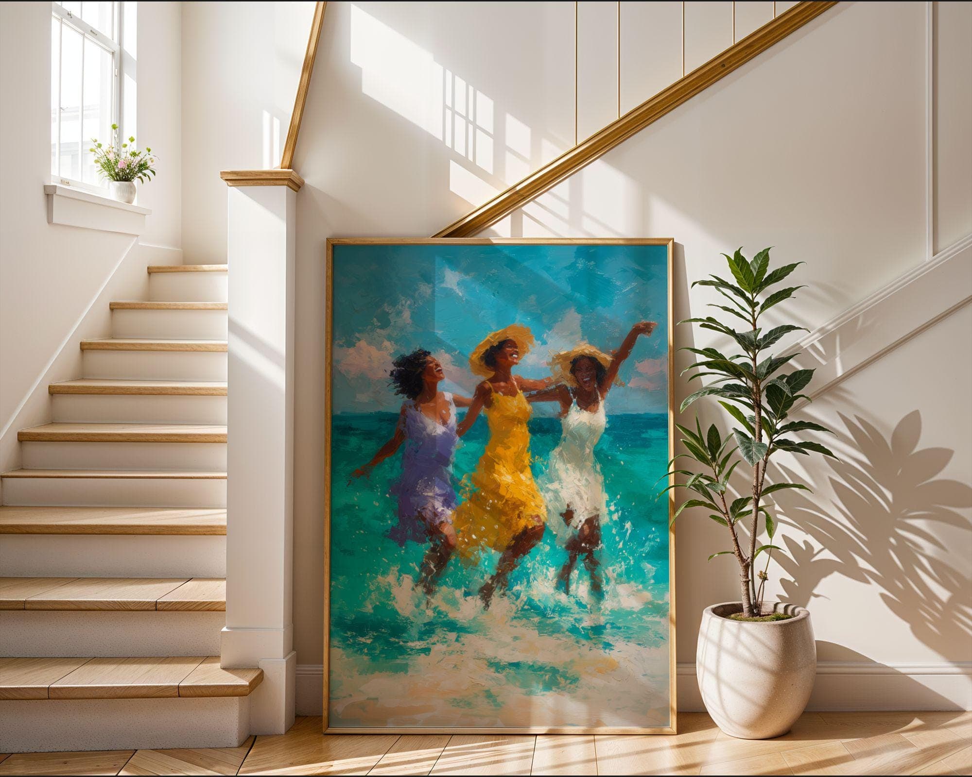 Beach Wall Art Print, Ocean Waves Painting, Summer Friends in Surf, Coastal Decor, Afrocentric Decor, Oil Painting Print, Digital Art - view 7