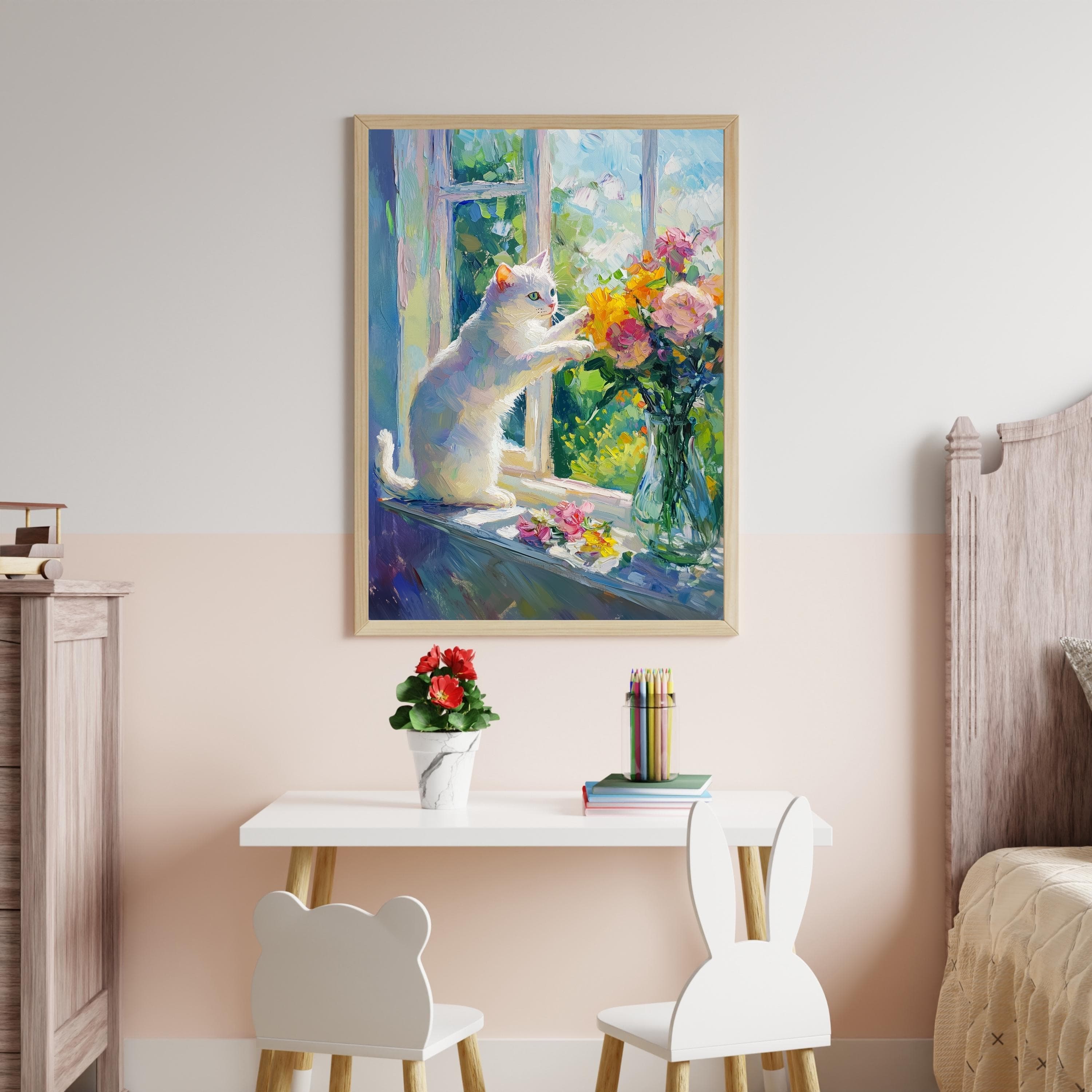 Whimsical White Cat Art, Colorful Oil Painting, White Cat and Flowers Digital Wall Art, Cat Mom Gift, Colorful Home Decor White Cat Painting - view 6
