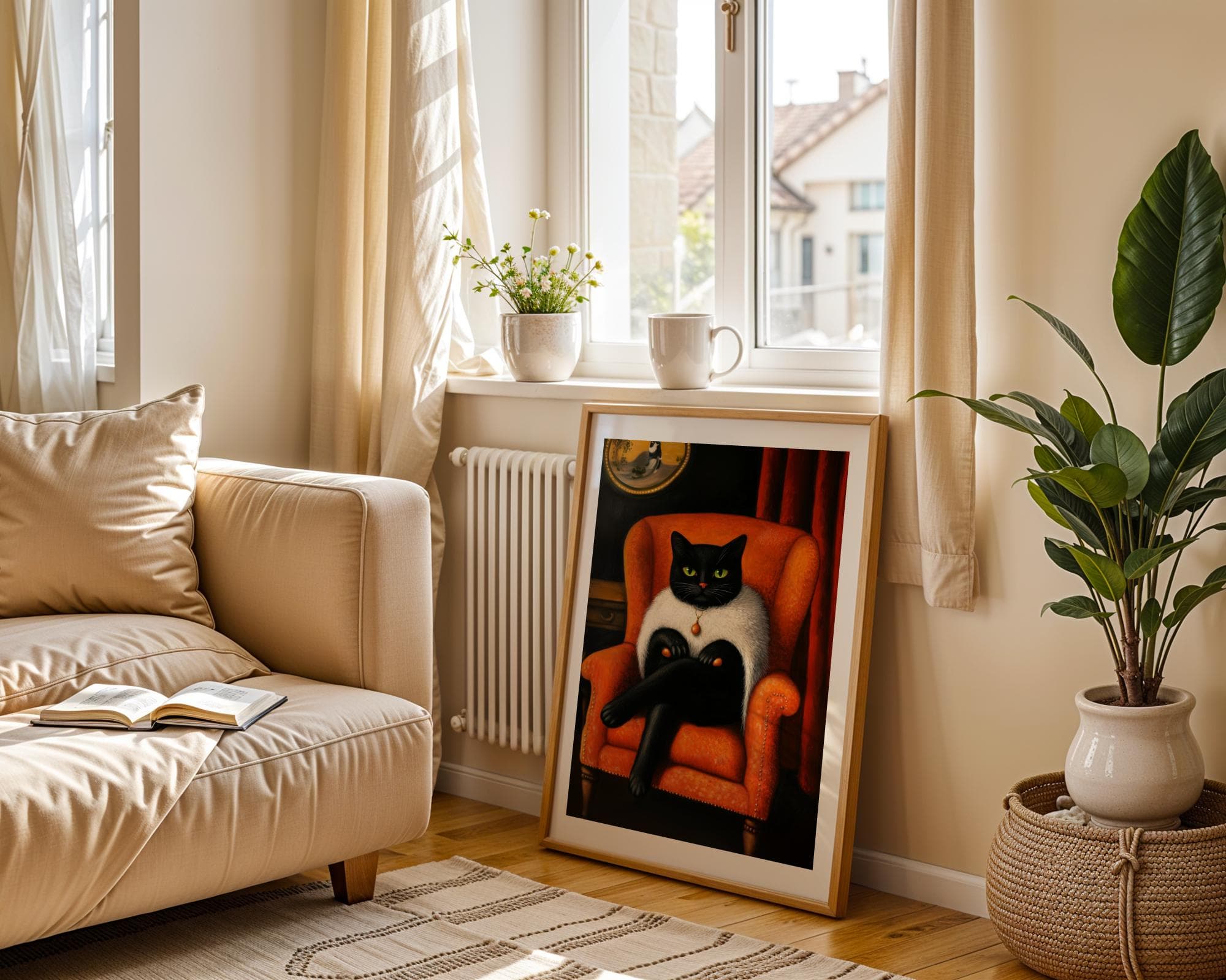 Vintage Black Cat Portrait, Orange and Black Decor Print, Black Cat in Orange Chair, Cool Cat Wall Art, Aristocratic Black Cat Wall Art - view 6