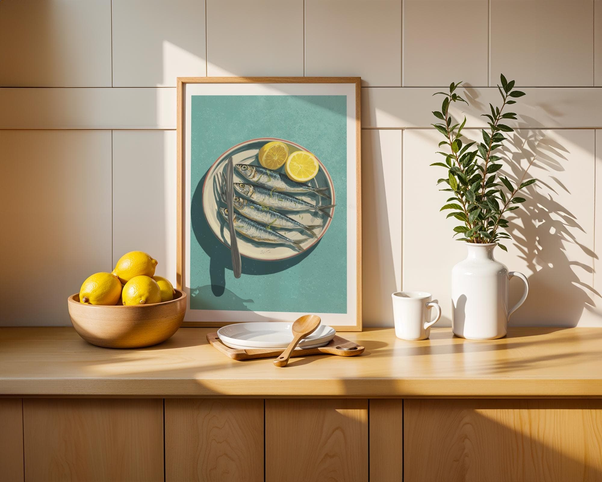 Mediterranean Sardine Plate ā Rustic Coastal Kitchen Art, Mediterranean Coastal Wall Print, Sardines Painting, Digital Download, Sardine Art - view 2